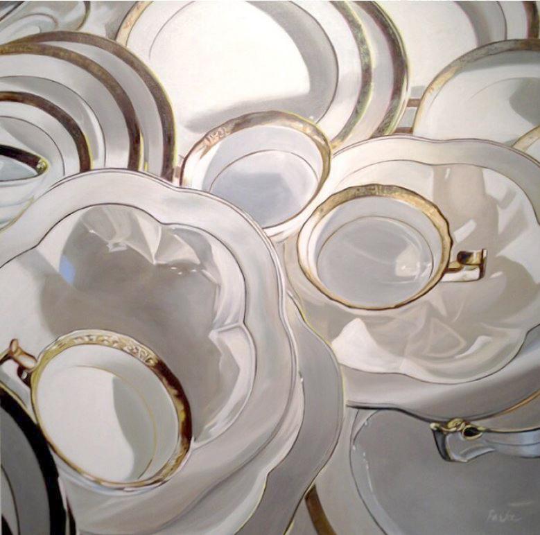 Leslie Parke, "Piled Porcelain", 46x46 Chinaware Still Life Oil Painting 