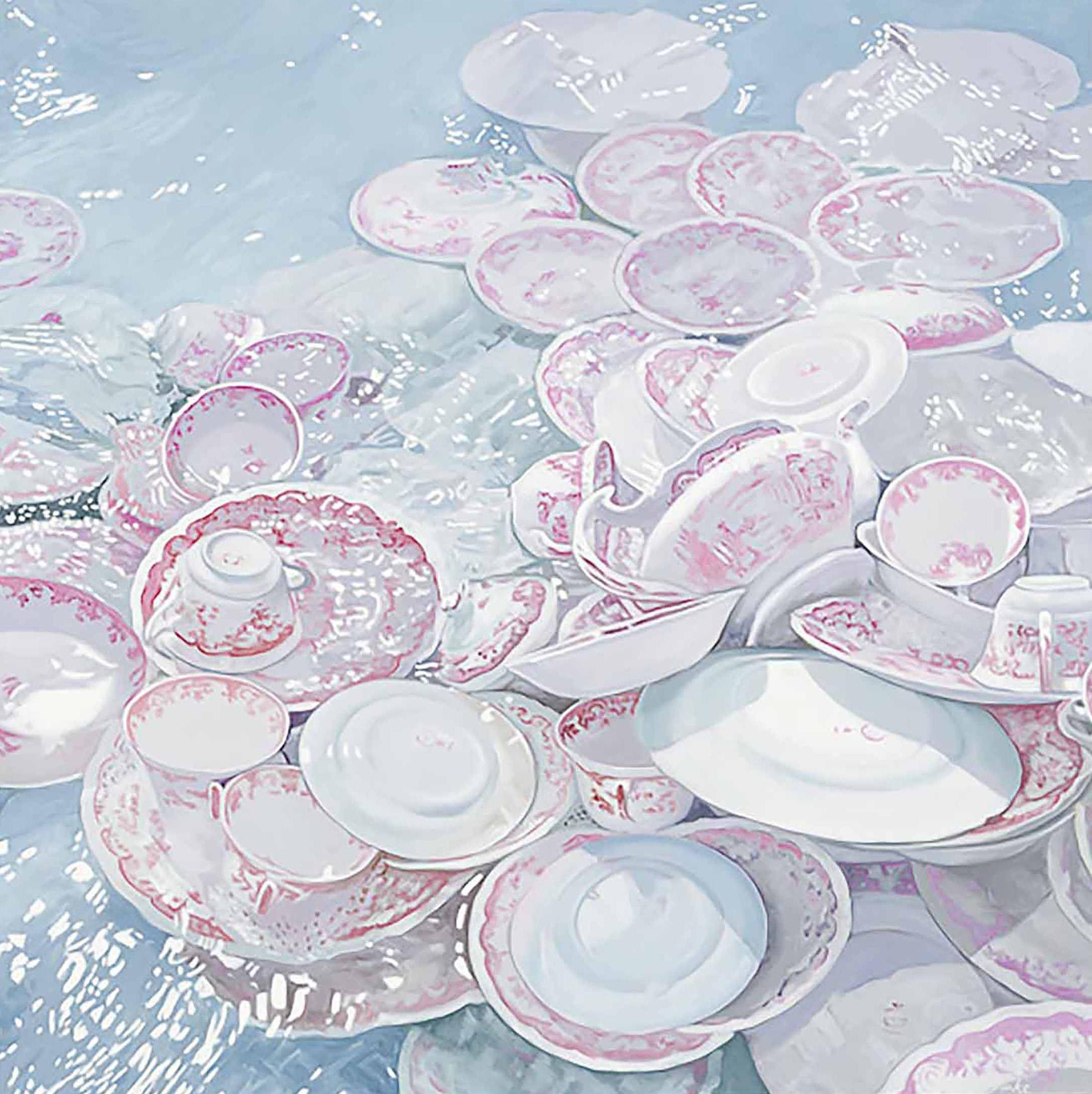 Leslie Parke, "Plates in the Ocean", 46x46 Still Life Oil Painting on Canvas