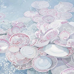 Leslie Parke, "Platos en el océano", 46x46 Naturaleza muerta Pintura al óleo sobre lienzo