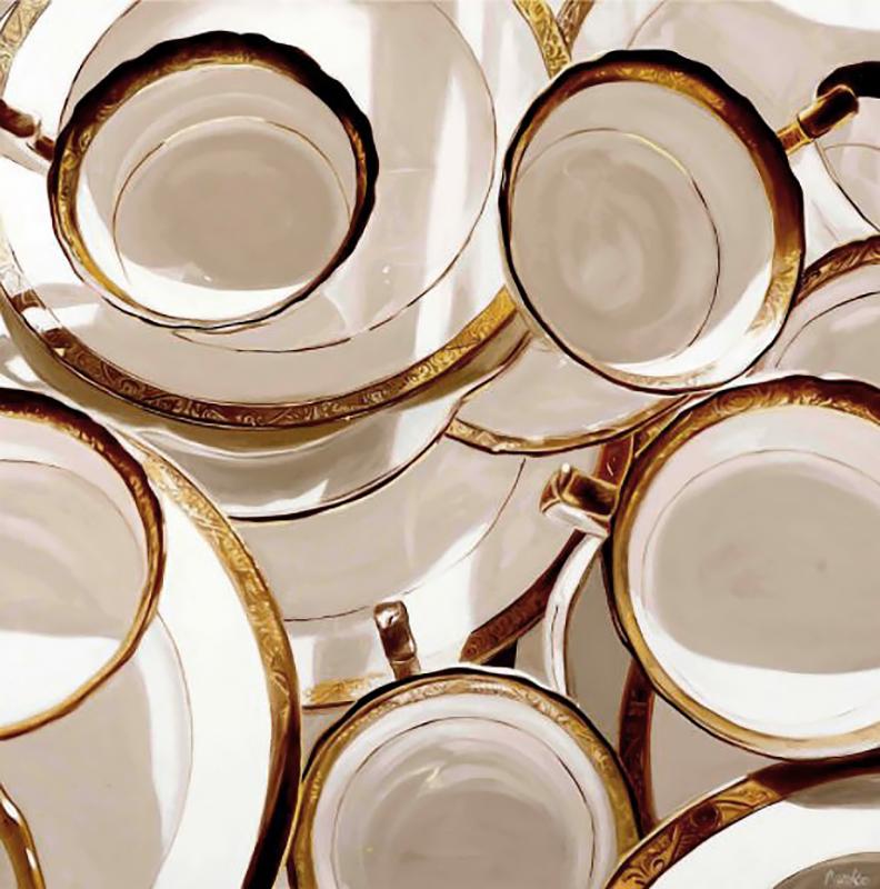 This piece, "Porcelain Pile", is a 44x44 oil painting on canvas by artist Leslie Parke. Featured is a downward view of a still life set up of piled white and gold chinaware.  The composition is cropped in so the plates, cups, saucers, and bowls