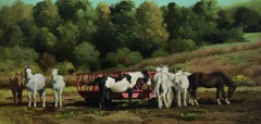 Leslie Peck, "Feeding Ponies", 18x36 Farm Landscape Animal Oil Painting 