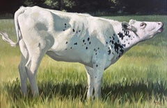 Leslie Peck, "Freckles", 24x36 Ferme Noir et Blanc Vache Peinture à l'huile Paysage