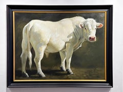 Leslie Peck, "French White", 30x40 Farm Country Cow Bull Oil Painting Landscape