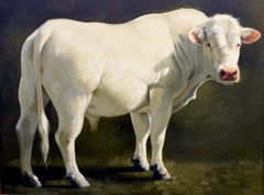 Vintage Leslie Peck, "French White", 30x40 Farm Country Cow Bull Oil Painting Landscape 