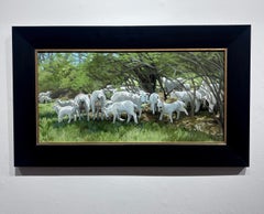 Leslie Peck, "Freshly Shorn" 12x24 Farming Sheep Pasture Landscape Oil Painting
