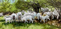 Leslie Peck, « Freshly Shorn », peinture à l'huile de paysage avec moutons de ferme, 12 x 24 cm