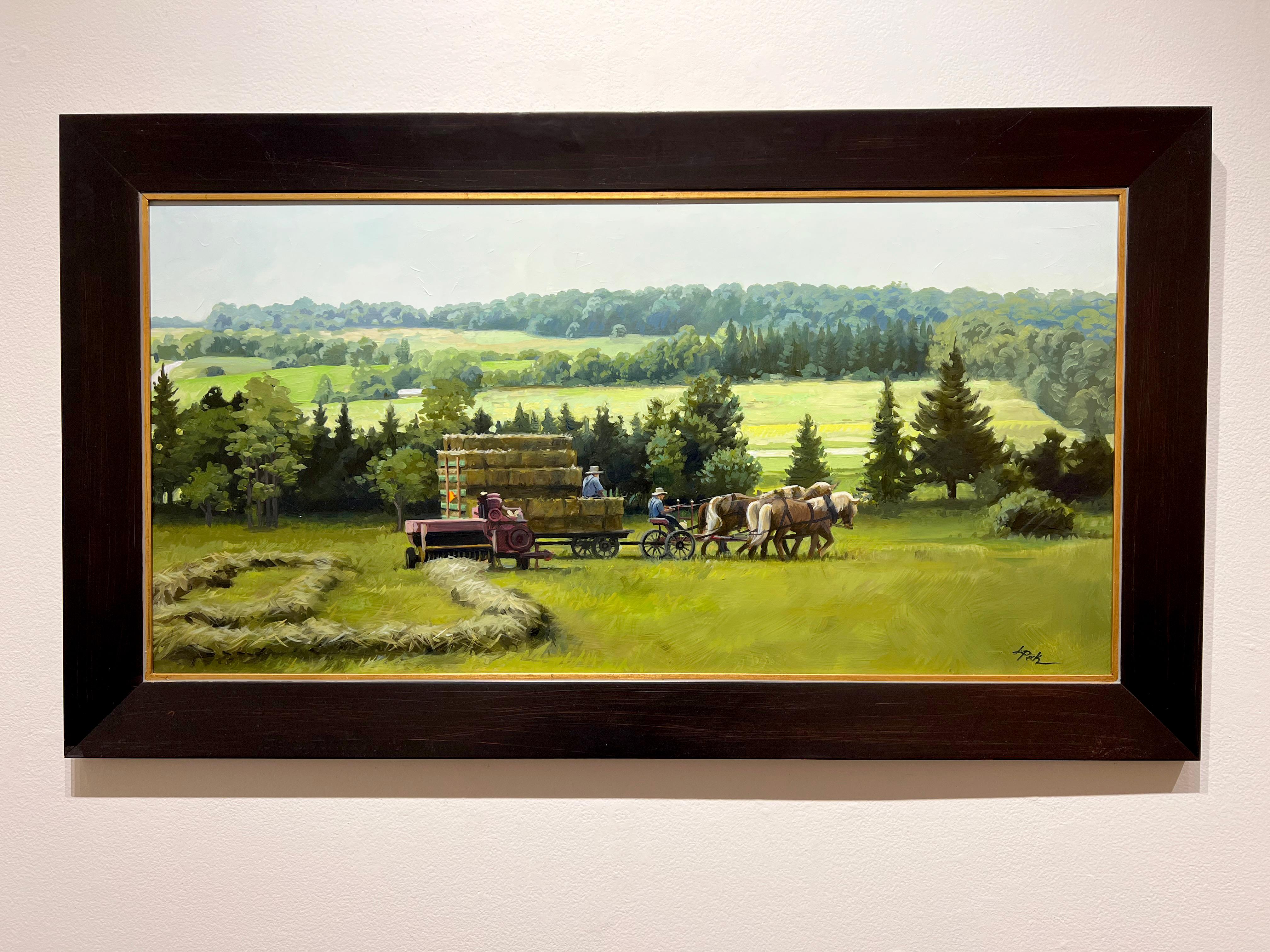 Leslie Peck, Old School Haying, paysage de ferme, peinture à l'huile sur panneau 18x36 en vente 1