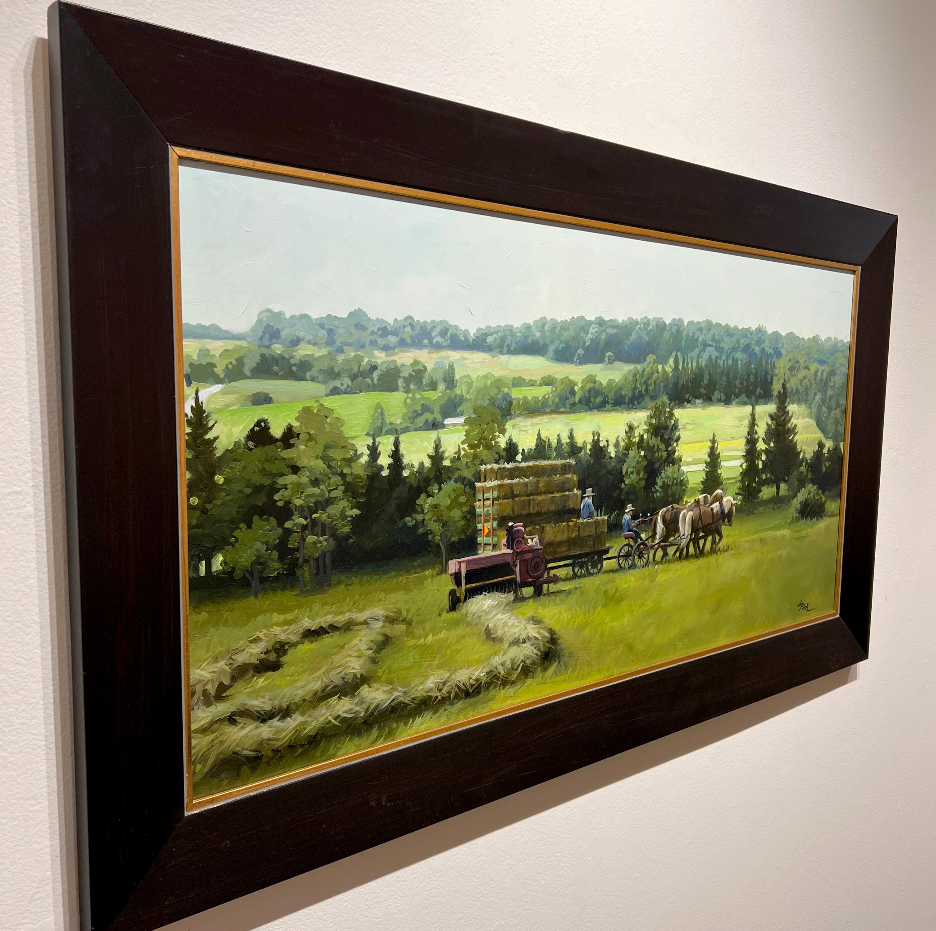 Leslie Peck, Old School Haying, paysage de ferme, peinture à l'huile sur panneau 18x36 en vente 2