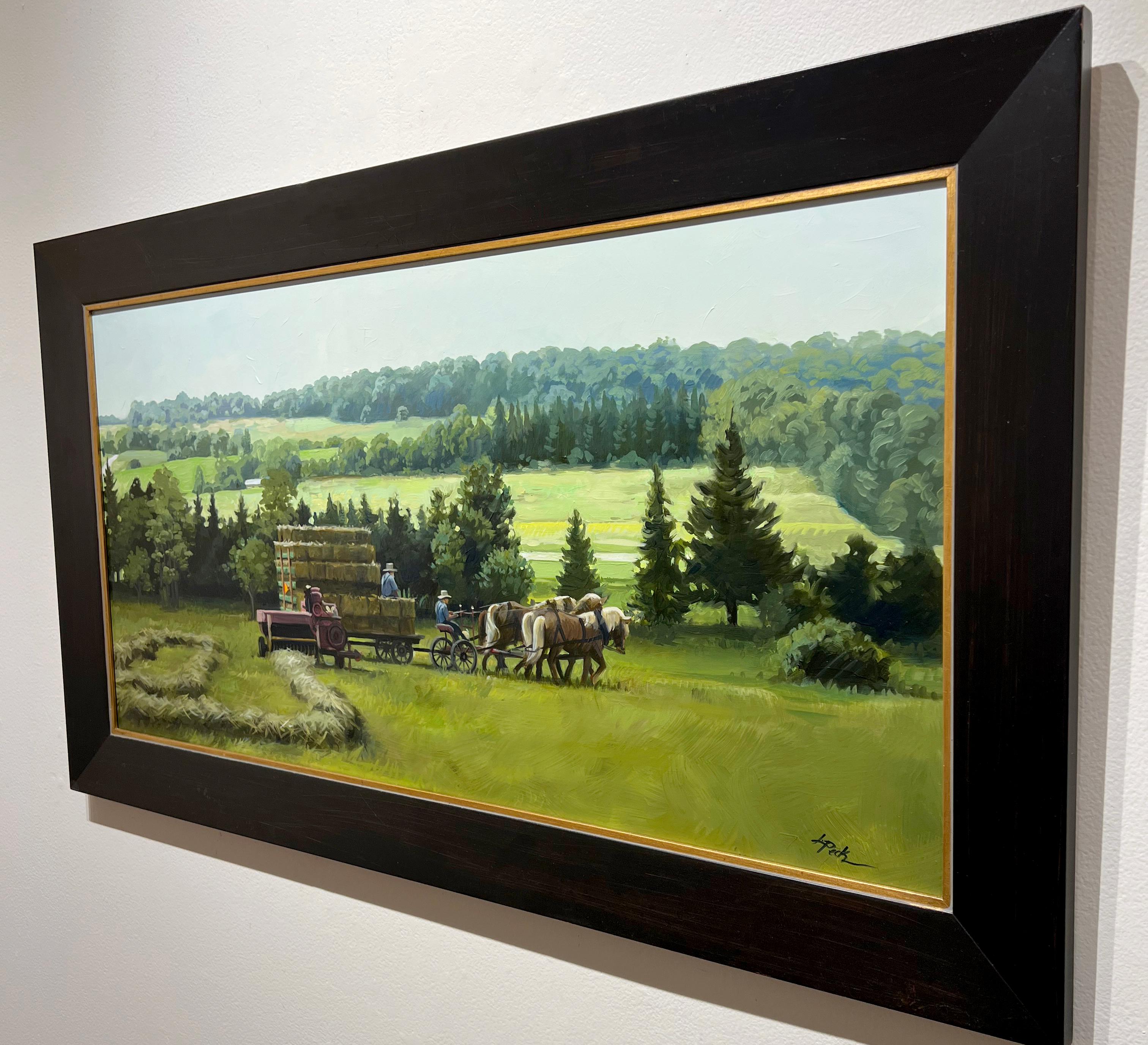 Leslie Peck, Old School Haying, paysage de ferme, peinture à l'huile sur panneau 18x36 en vente 3