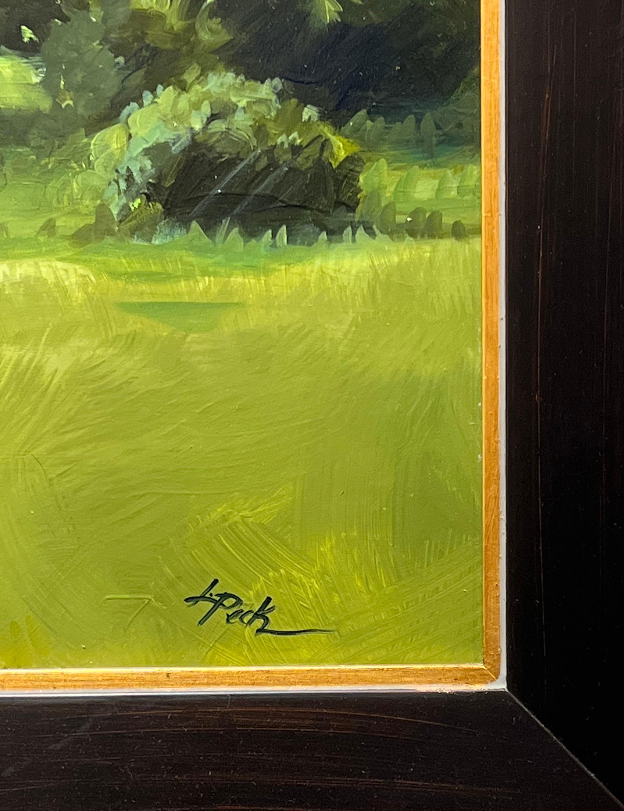 Leslie Peck, Old School Haying, paysage de ferme, peinture à l'huile sur panneau 18x36 en vente 4
