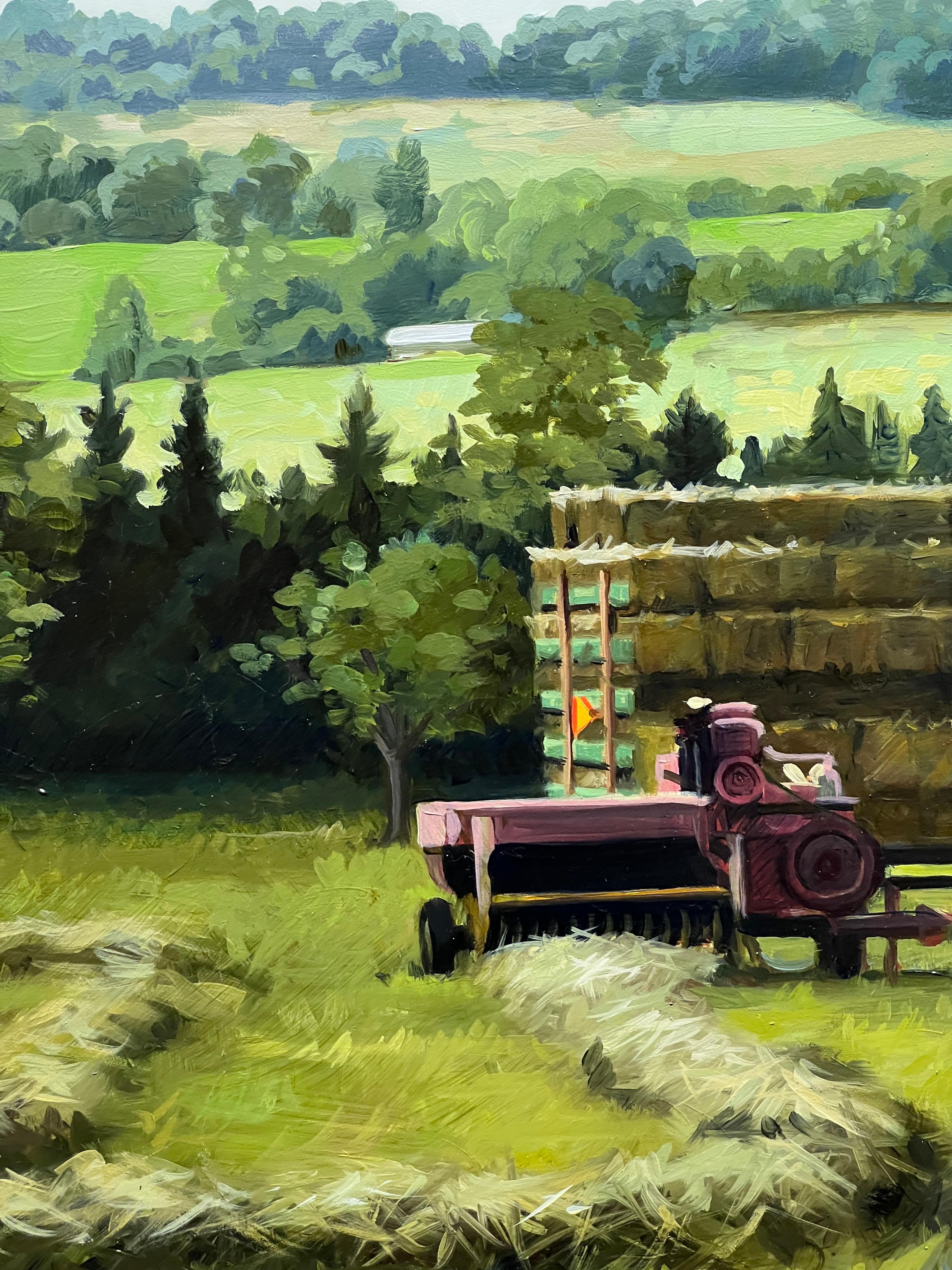 Leslie Peck, Old School Haying, paysage de ferme, peinture à l'huile sur panneau 18x36 en vente 5