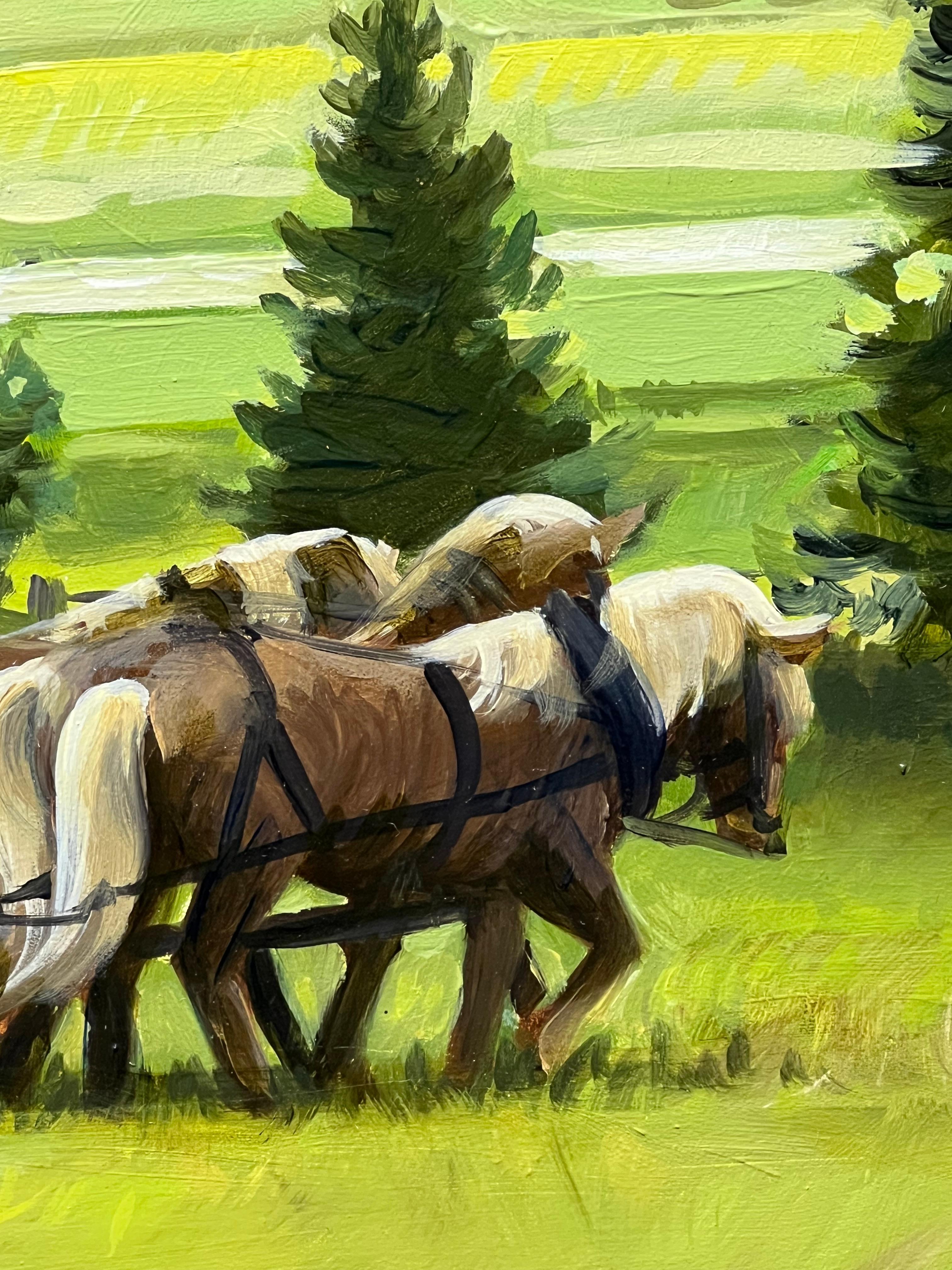 Leslie Peck, Old School Haying, paysage de ferme, peinture à l'huile sur panneau 18x36 en vente 6