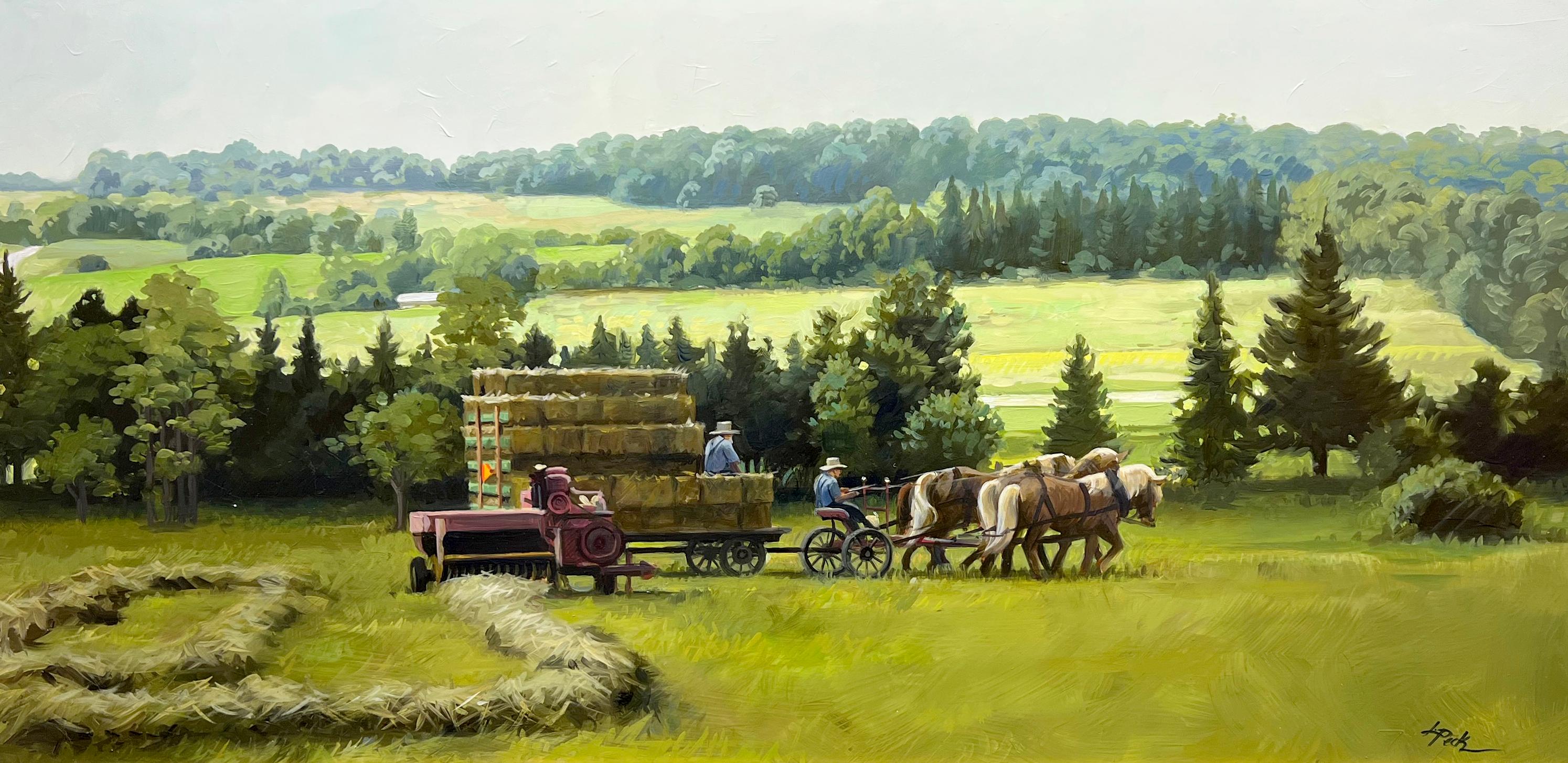 "Old School Haying", est une peinture à l'huile sur panneau 18x36 de l'artiste Leslie Peck représentant deux fermiers Amish et leurs chevaux dans le champ de foin en train de récolter de la nourriture pour leur bétail. Deux chevaux de trait tirent