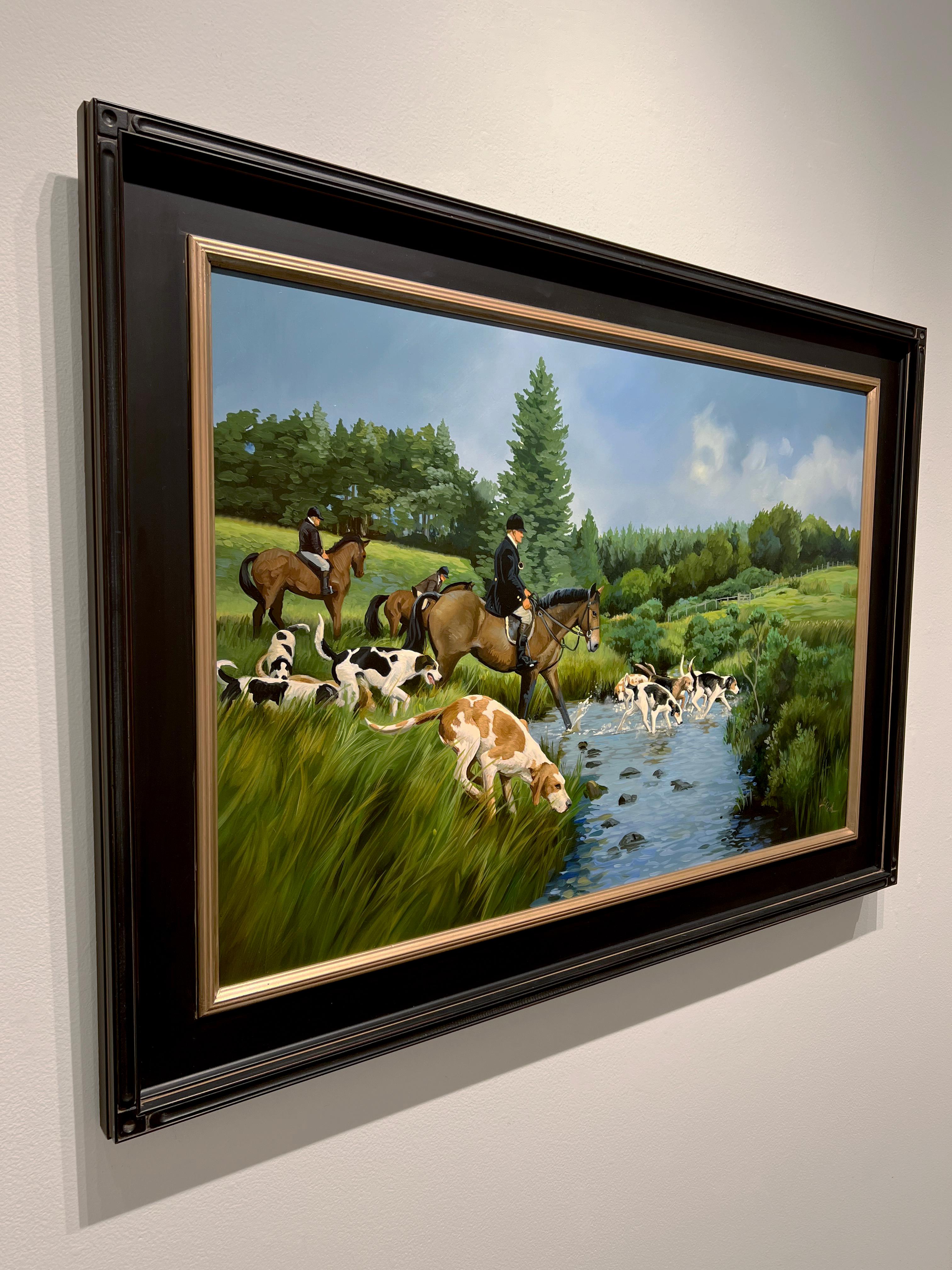 Peinture à l'huile sur toile « On the Hunt » de Leslie Peck, représentant un paysage de chasse de renard en vente 1