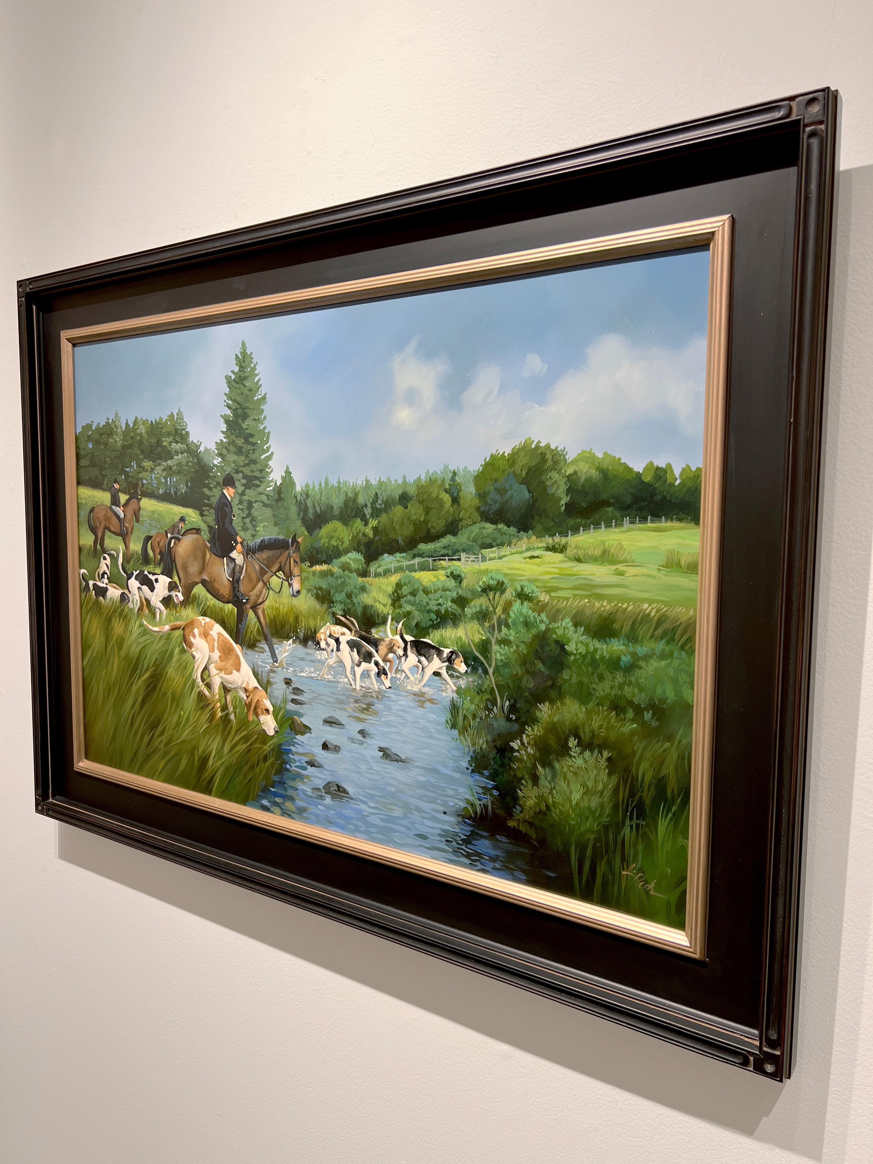 Peinture à l'huile sur toile « On the Hunt » de Leslie Peck, représentant un paysage de chasse de renard en vente 2