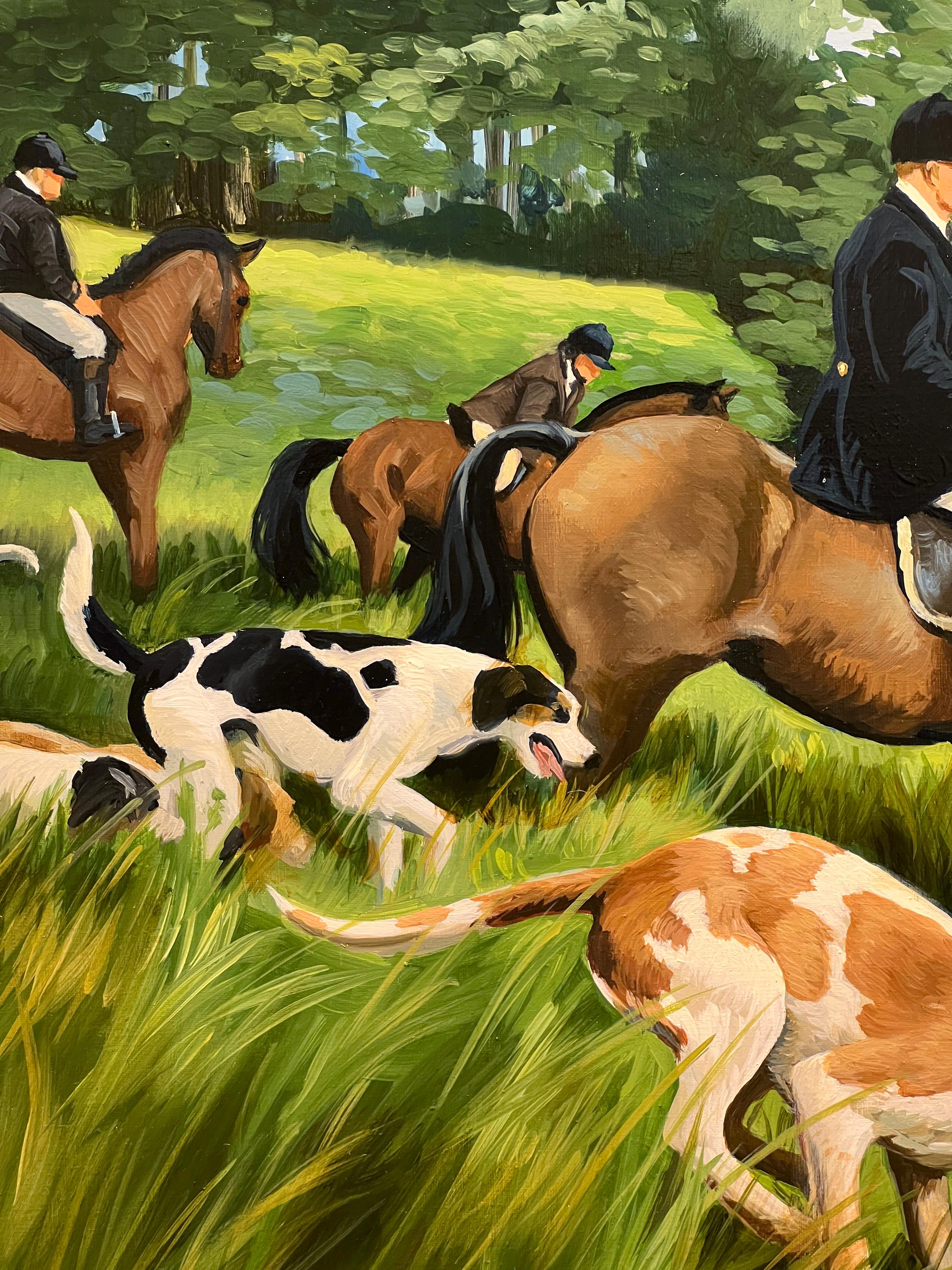 Peinture à l'huile sur toile « On the Hunt » de Leslie Peck, représentant un paysage de chasse de renard en vente 3