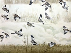 Leslie Peck, "Uccelli delle nevi", pittura ad olio su tela 30x40, paesaggio innevato