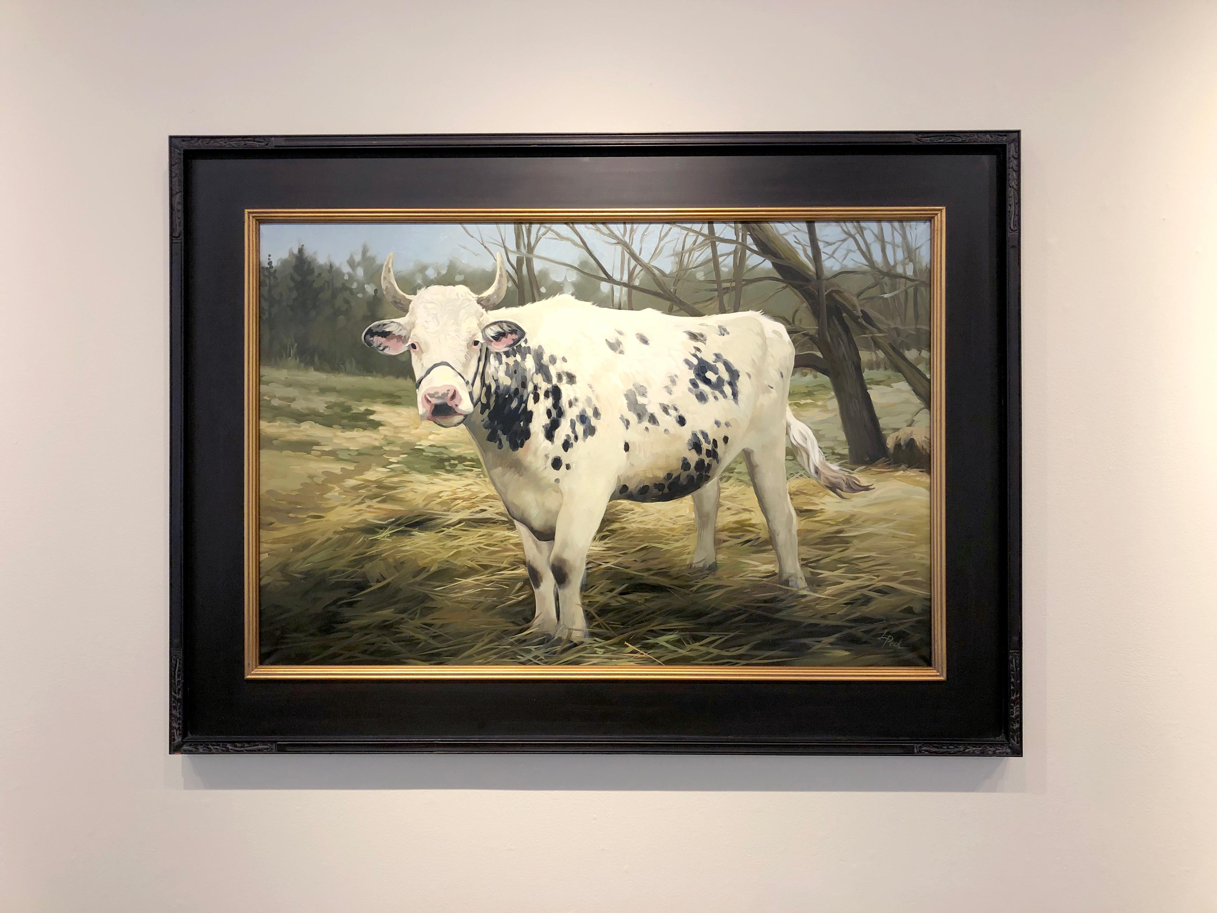 Leslie Peck, „Spotted Bull“, 24x36 Bauernhof Kuh, Ölgemälde Landschaft  im Angebot 1