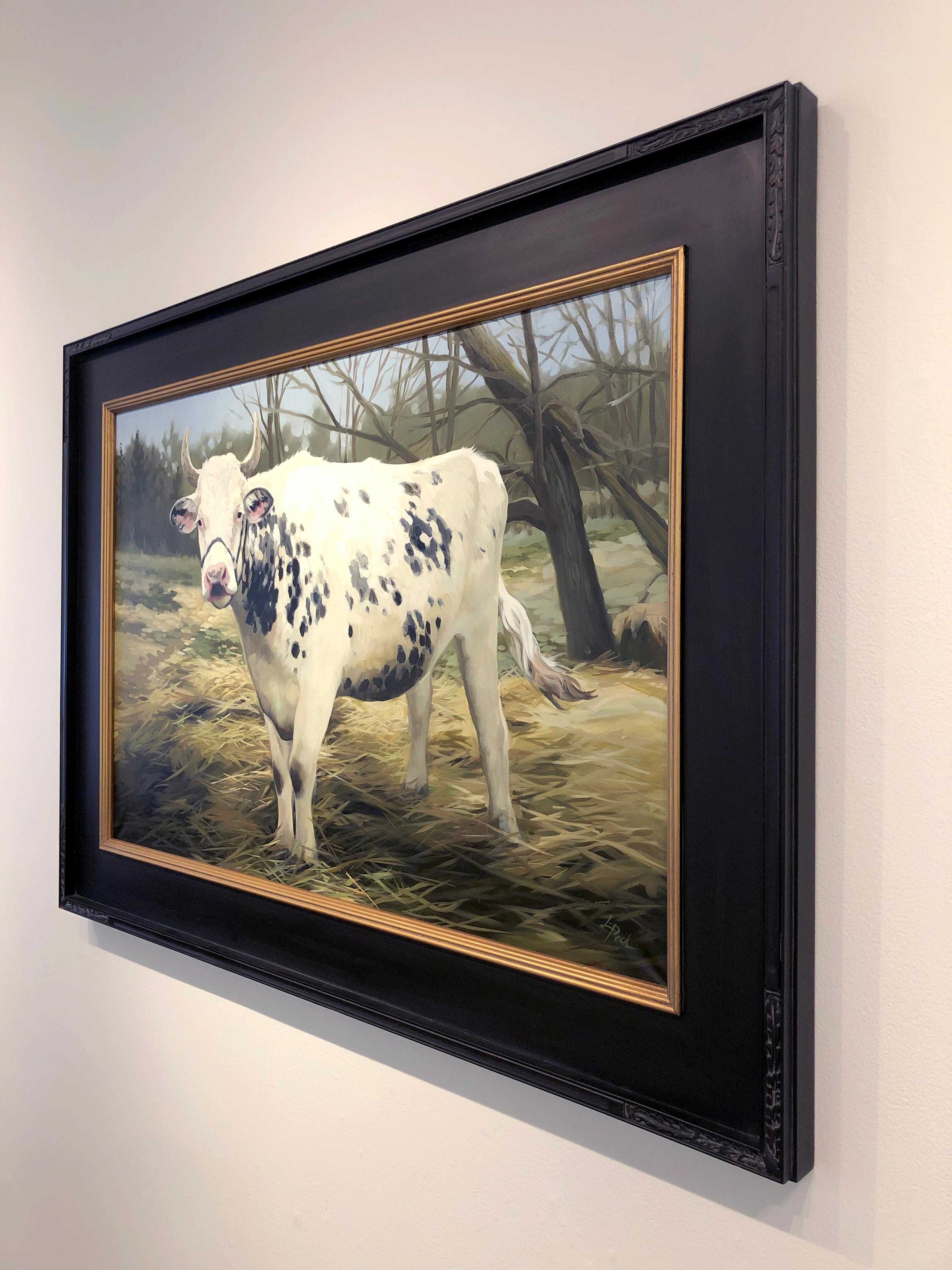 Leslie Peck, „Spotted Bull“, 24x36 Bauernhof Kuh, Ölgemälde Landschaft  im Angebot 2