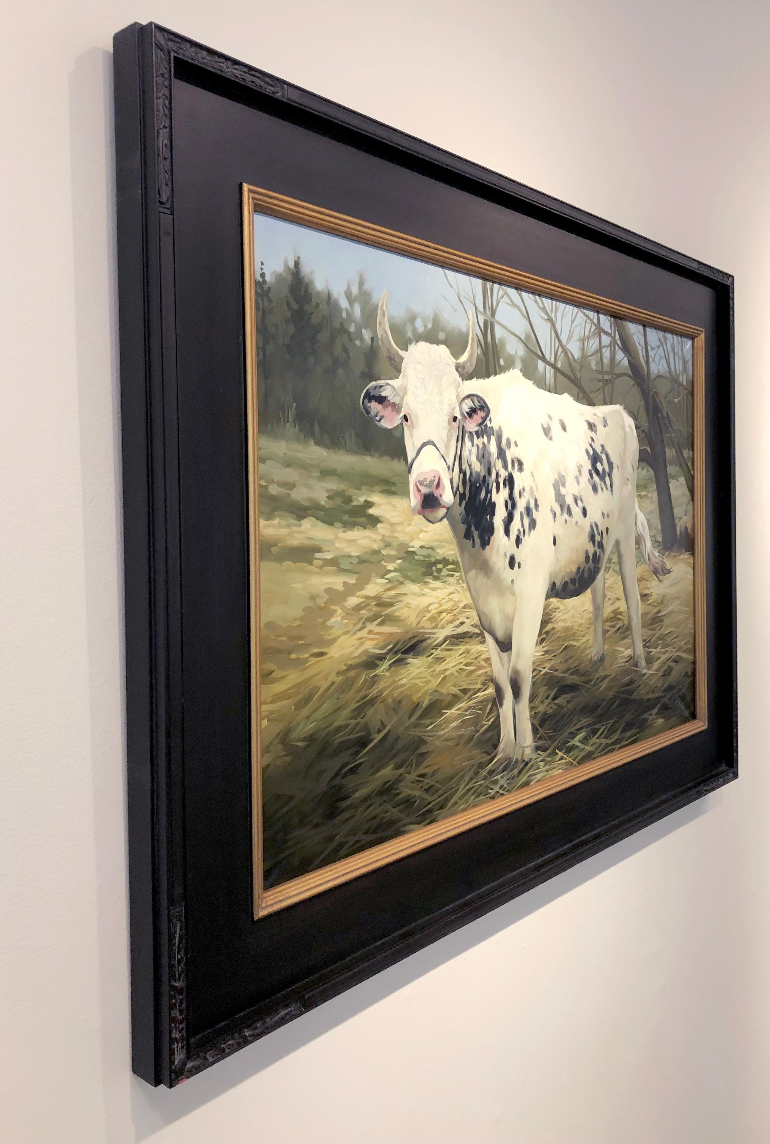 Leslie Peck, „Spotted Bull“, 24x36 Bauernhof Kuh, Ölgemälde Landschaft  im Angebot 3