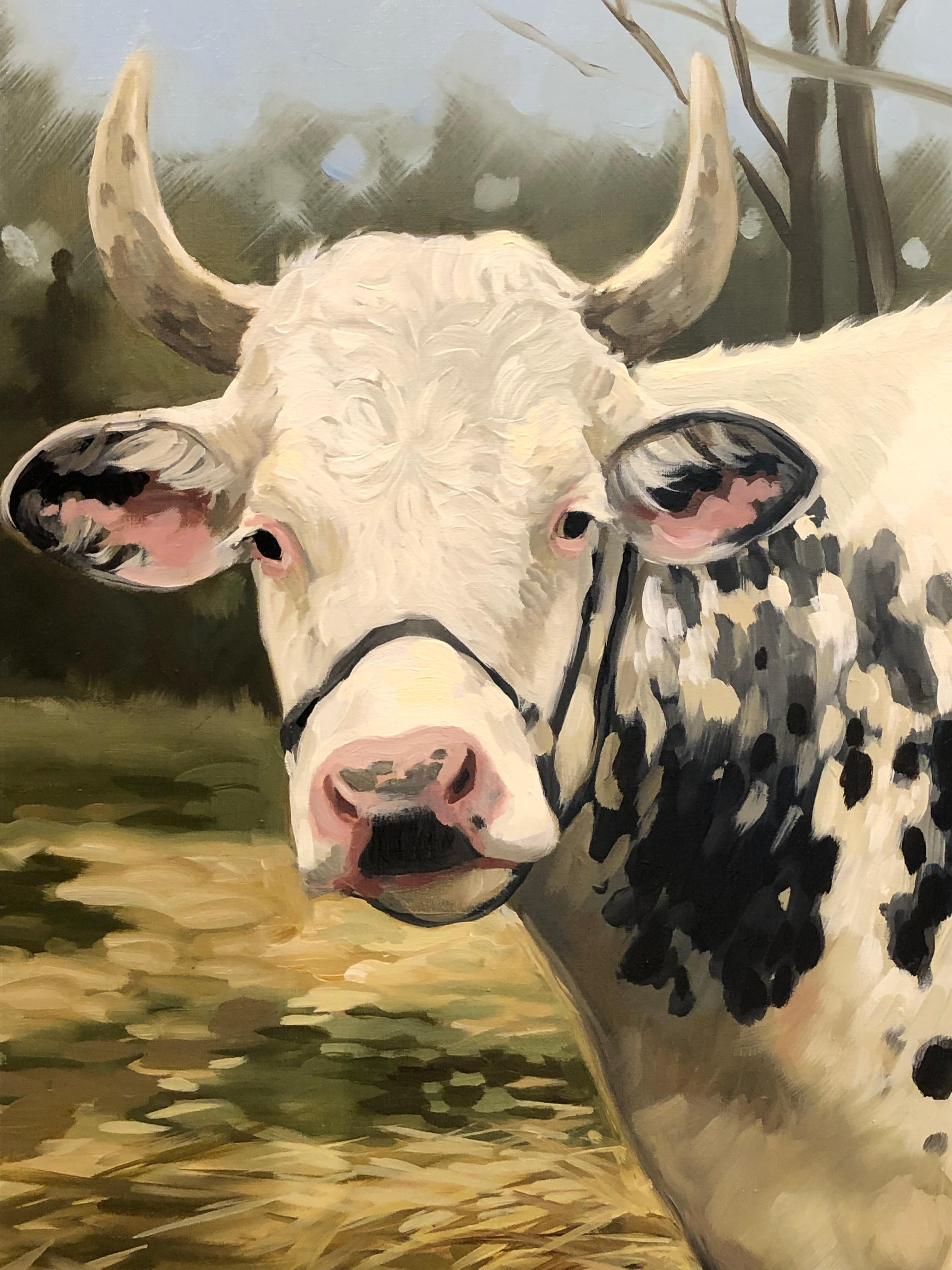 Leslie Peck, „Spotted Bull“, 24x36 Bauernhof Kuh, Ölgemälde Landschaft  im Angebot 5