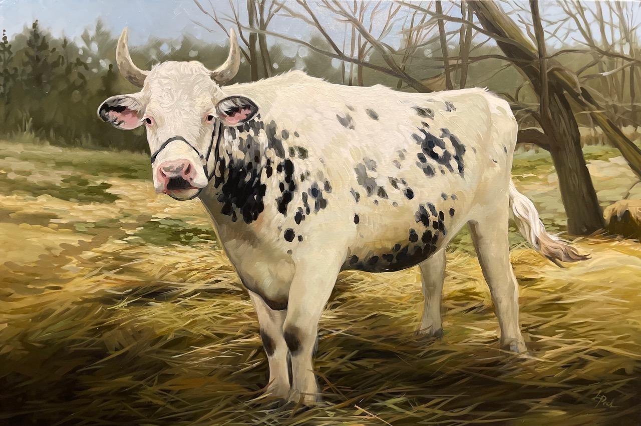 "Spotted Bull", ist ein 24x36 Ölgemälde auf Karton des Künstlers Leslie Peck, das einen majestätischen weißen Stier mit schwarzen Flecken zeigt, der auf der Weide steht. Frisch geworfenes Heu verstreut den Boden, während eine Baumreihe in der Ferne