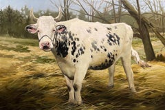 Leslie Peck, "Spotted Bull", 24x36 Farm Country Cow Oil Painting Landscape 