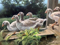 Leslie Peck, "Stepping Out", 18x24 Farm Animal Goose landscape Oil Painting