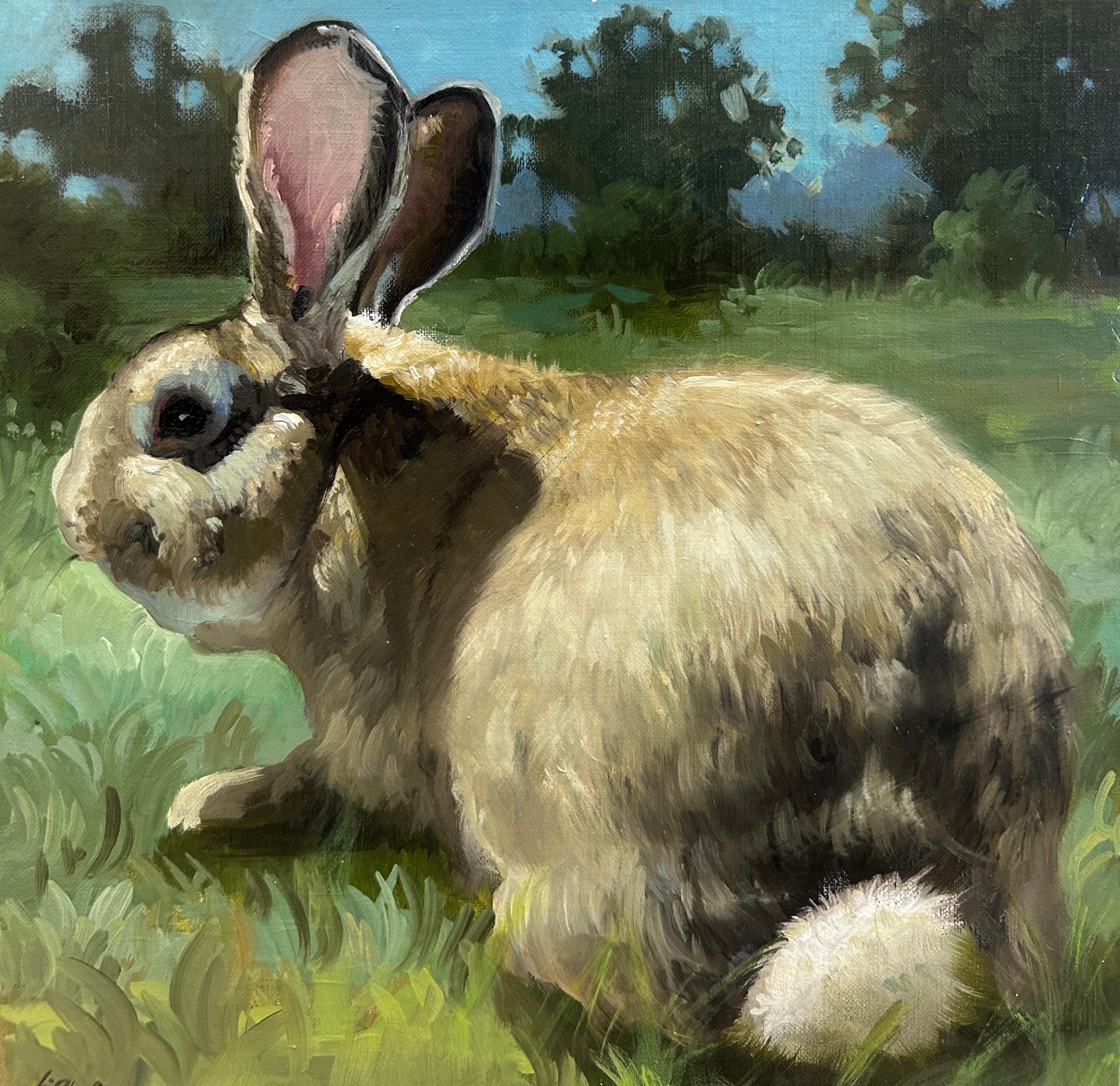 Leslie Peck, "Sunny Bunny", 10x10 Rabbit Portrait Oil Painting on Canvas
