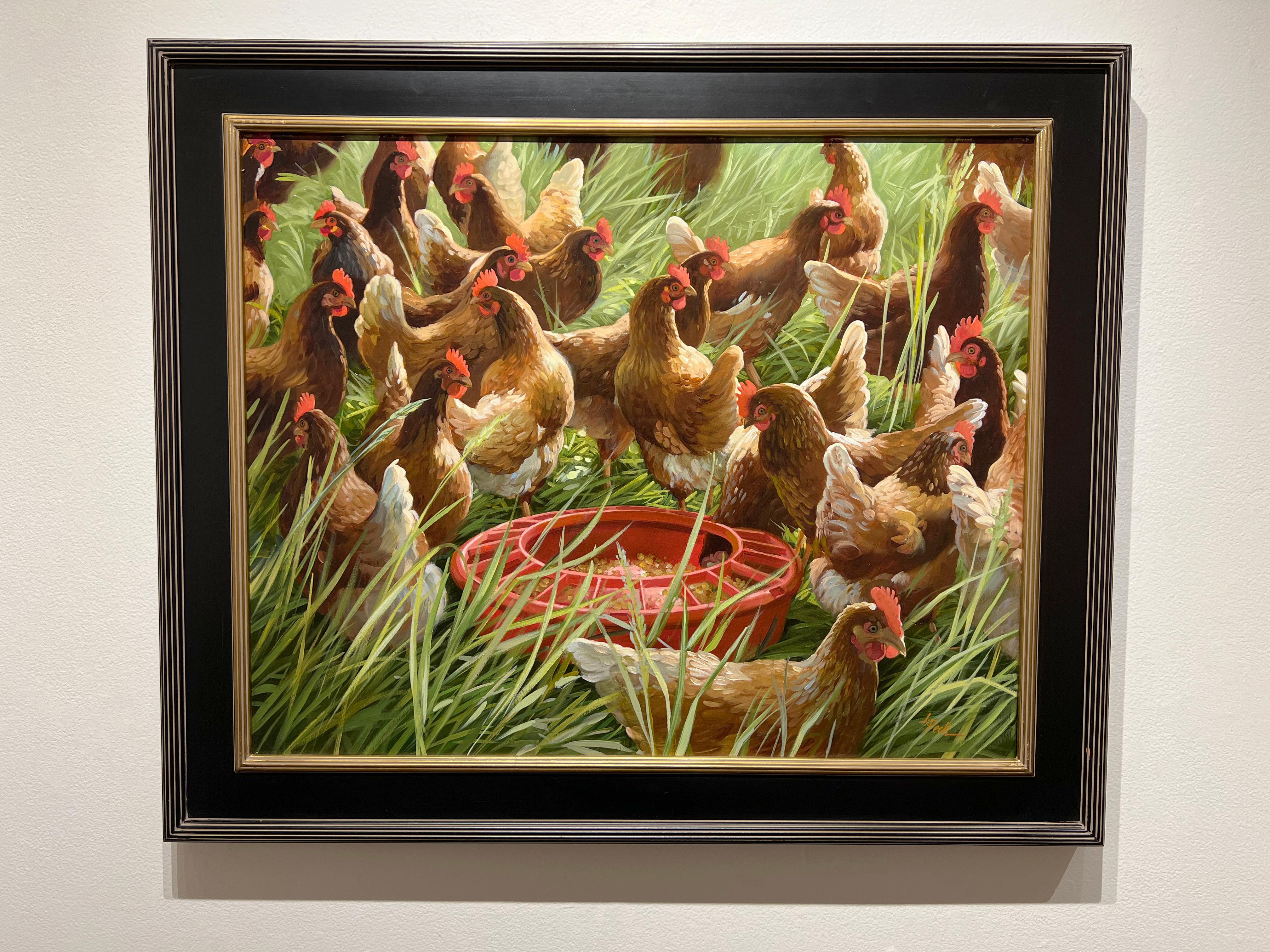Leslie Peck, „Supper Time“, 24x30 Bauernhof-Tier Coop, Ölgemälde  im Angebot 1