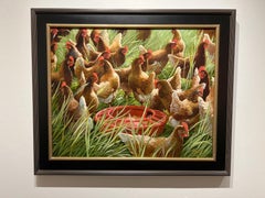 Leslie Peck, "Supper Time", 24x30 Farm Animal Chicken Coop Oil Painting