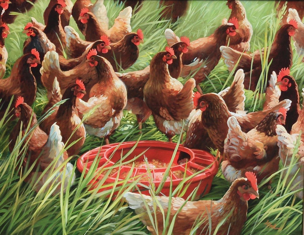  "Hora de cenar", es un cuadro al óleo sobre tabla de 24x30 de la artista Leslie Peck en el que aparece una cría de gallinas picoteando por el patio a la espera de la hora de comer. En la hierba hay un gran comedero de metal rojo esperando a que lo