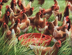 Leslie Peck, "Supper Time", 24x30 Farm Animal Chicken Coop Oil Painting 