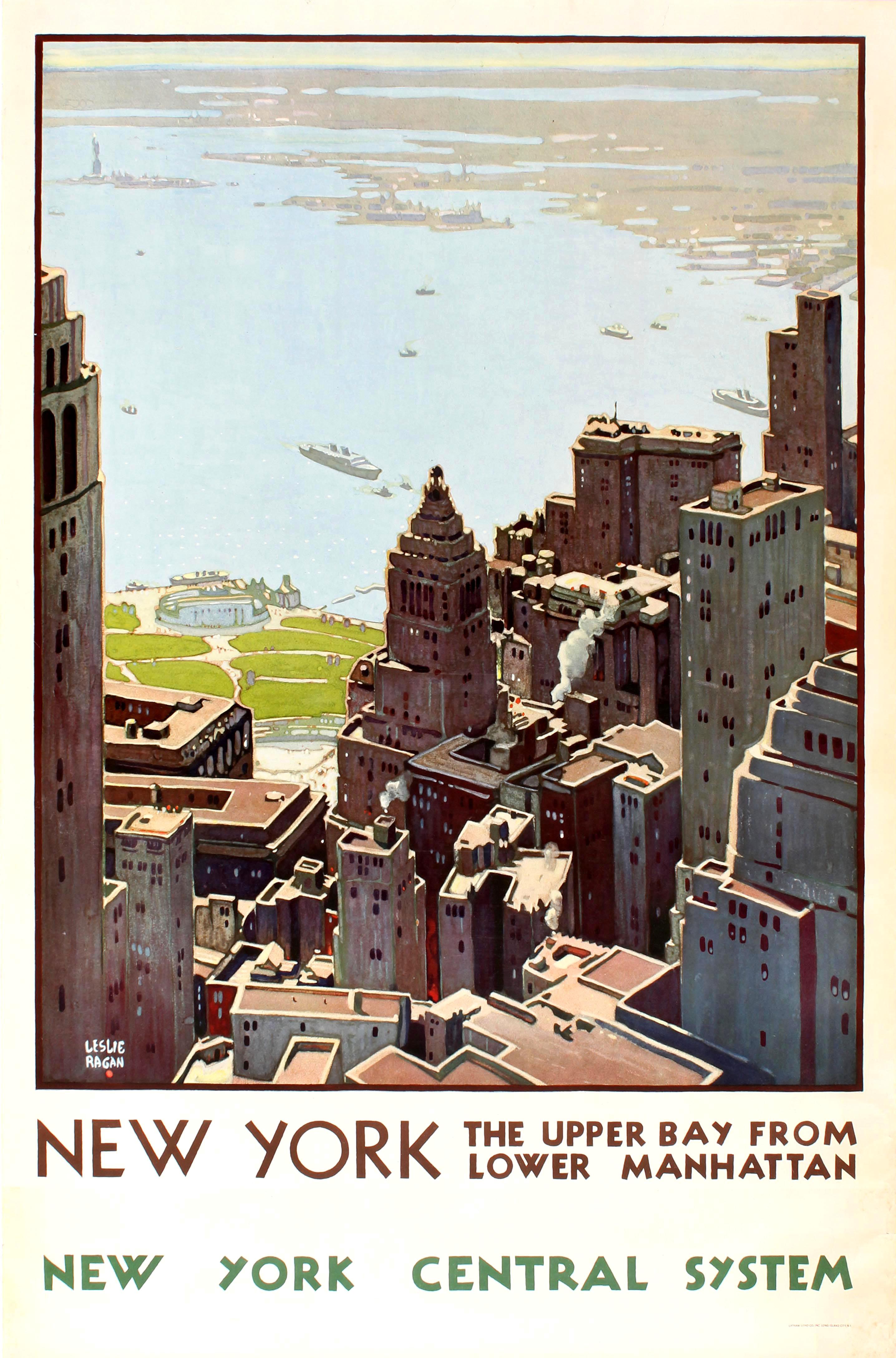 Leslie Ragan Print - Original Vintage New York Central System Railway Poster Upper Bay Manhattan View