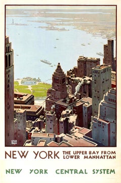 Original Vintage New York Central System Railway Poster Upper Bay Manhattan View