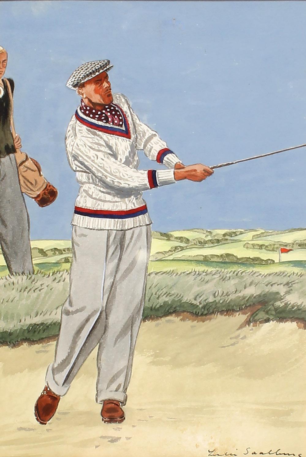 Antike Illustration eines Golfers von gelistetem Illustrator für Vanity Fair – Painting von Leslie Saalburg