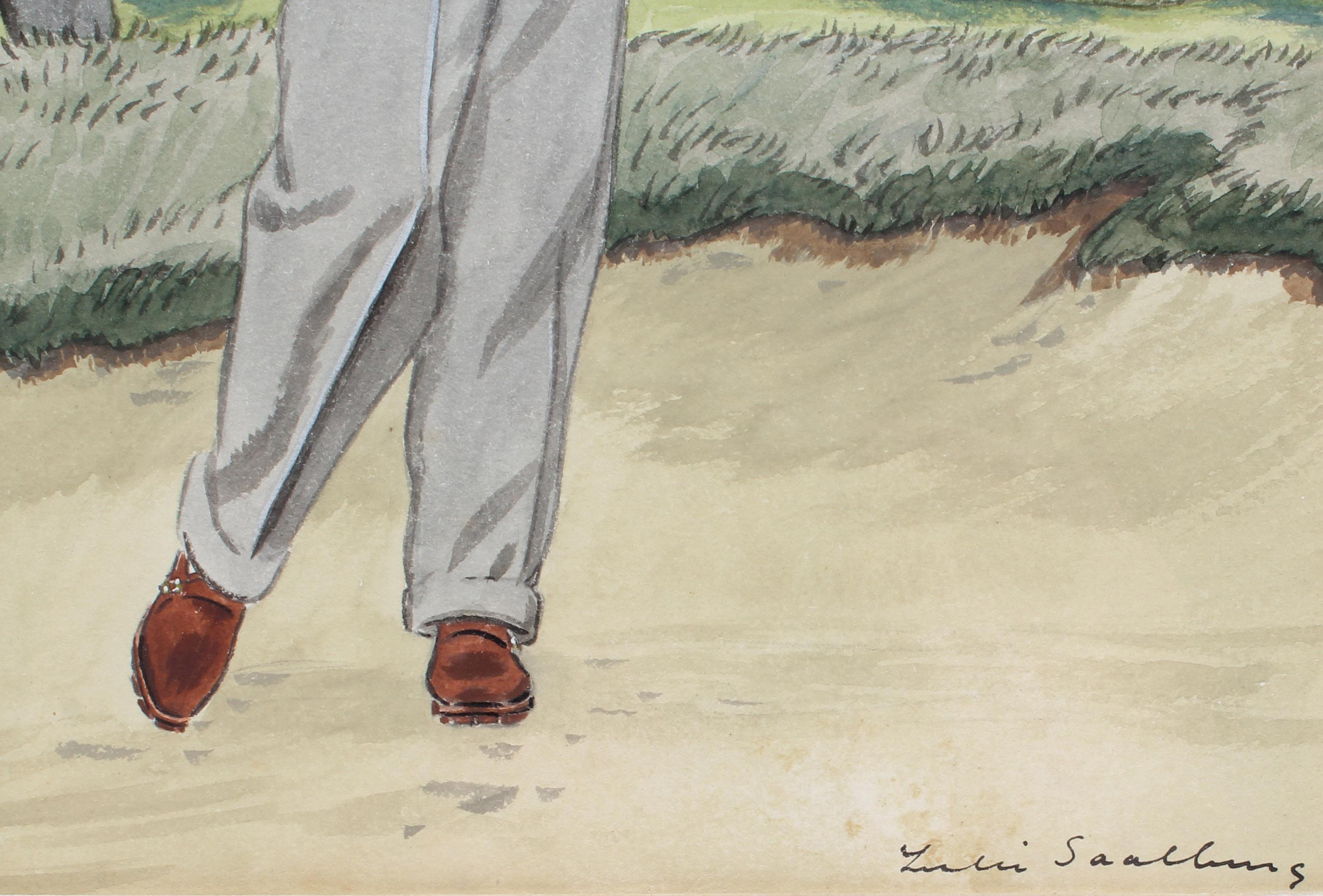 Antike Illustration eines Golfers von gelistetem Illustrator für Vanity Fair (Realismus), Painting, von Leslie Saalburg