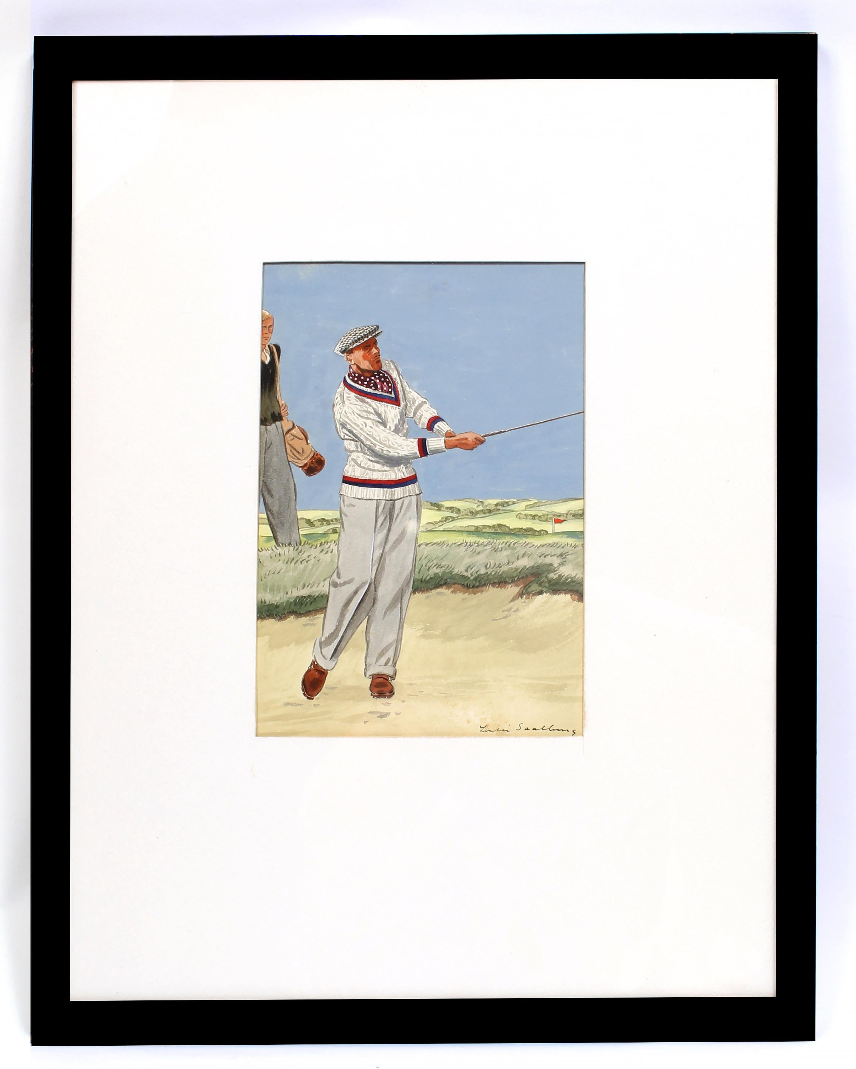 Antike Illustration eines Golfers von gelistetem Illustrator für Vanity Fair (Grau), Portrait Painting, von Leslie Saalburg