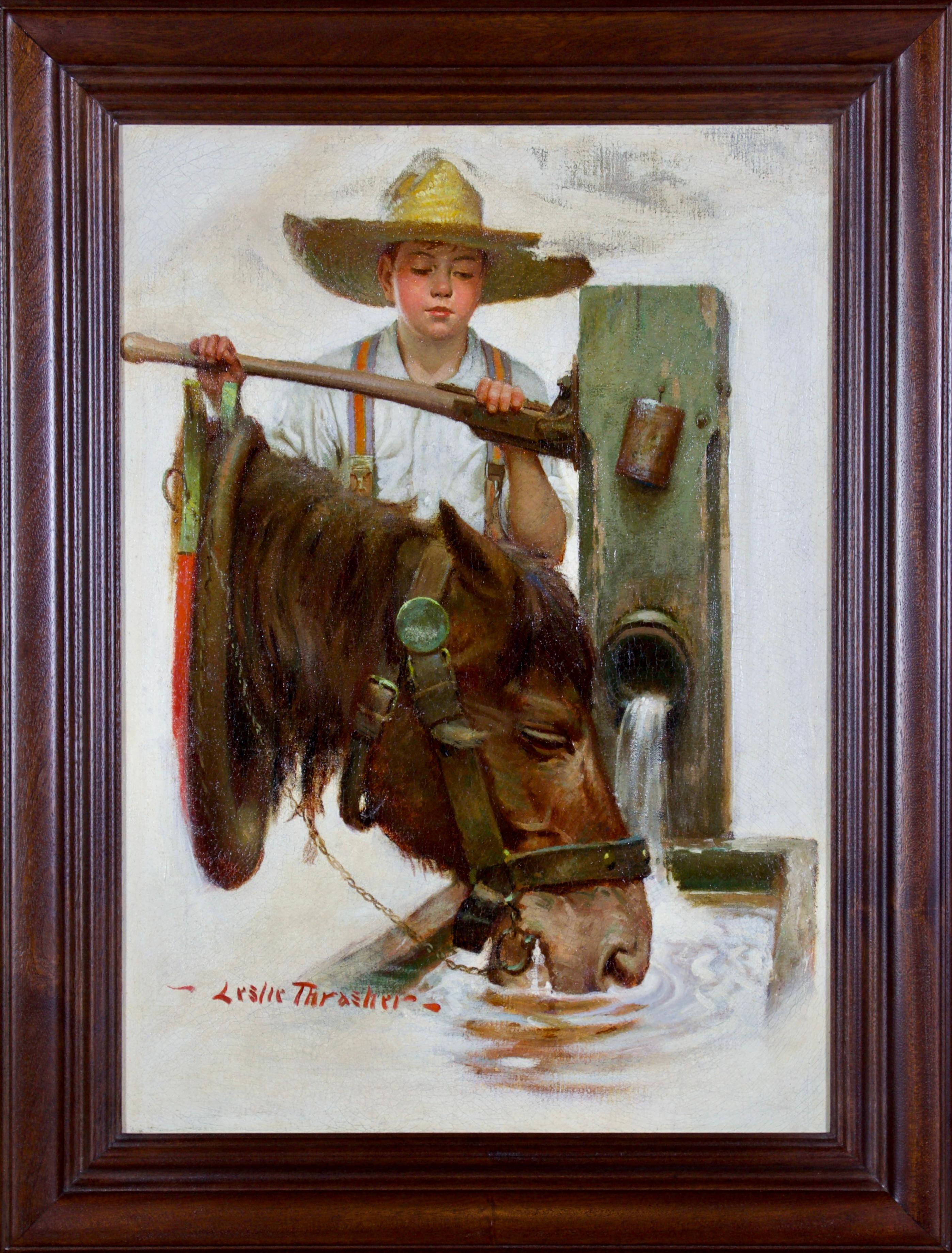 Boy and Horse at the Water Pump, Post Cover, Junge und Pferd – Painting von Leslie Thrasher