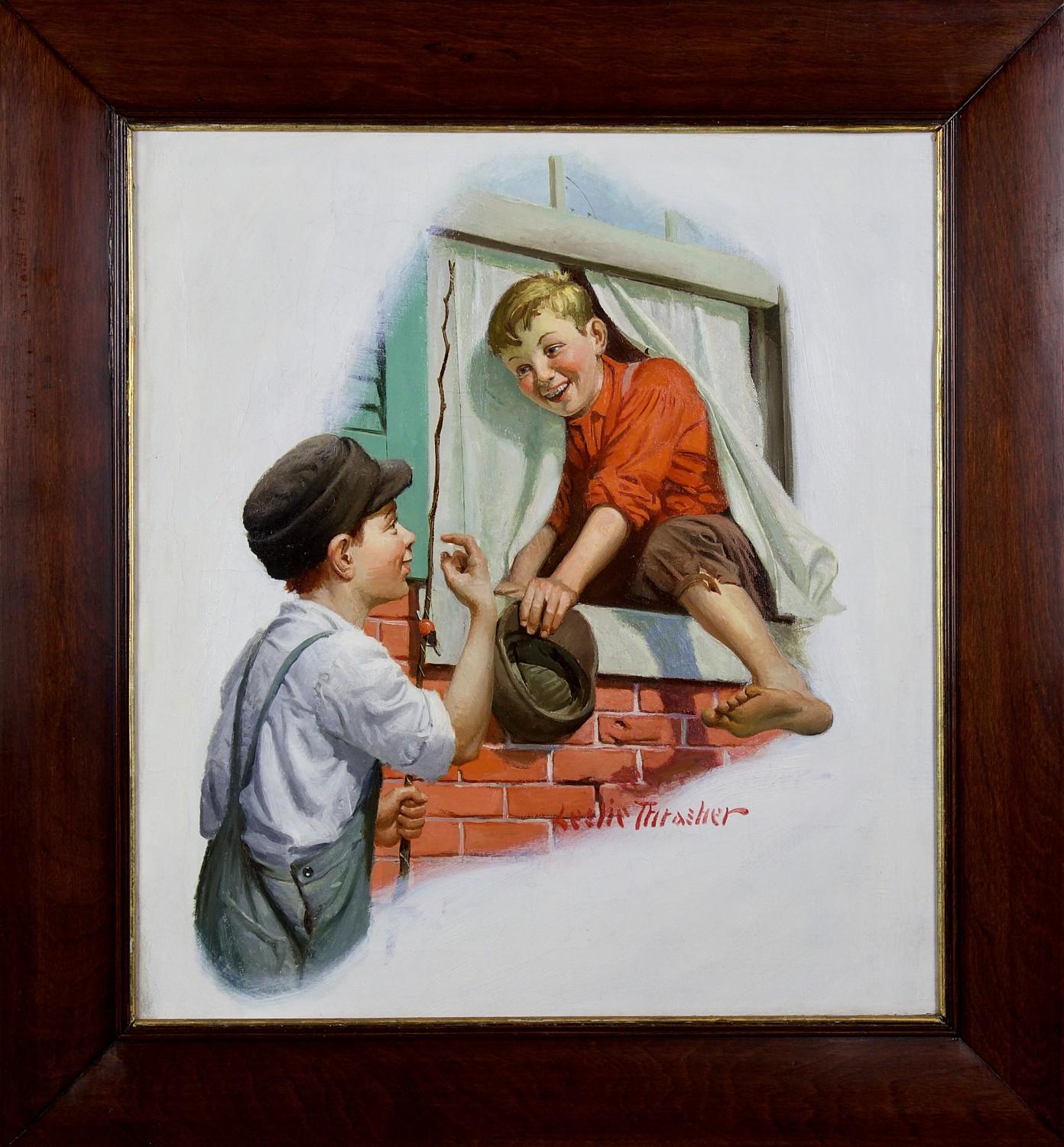 Ragazzo che si arrampica dalla finestra - Painting di Leslie Thrasher