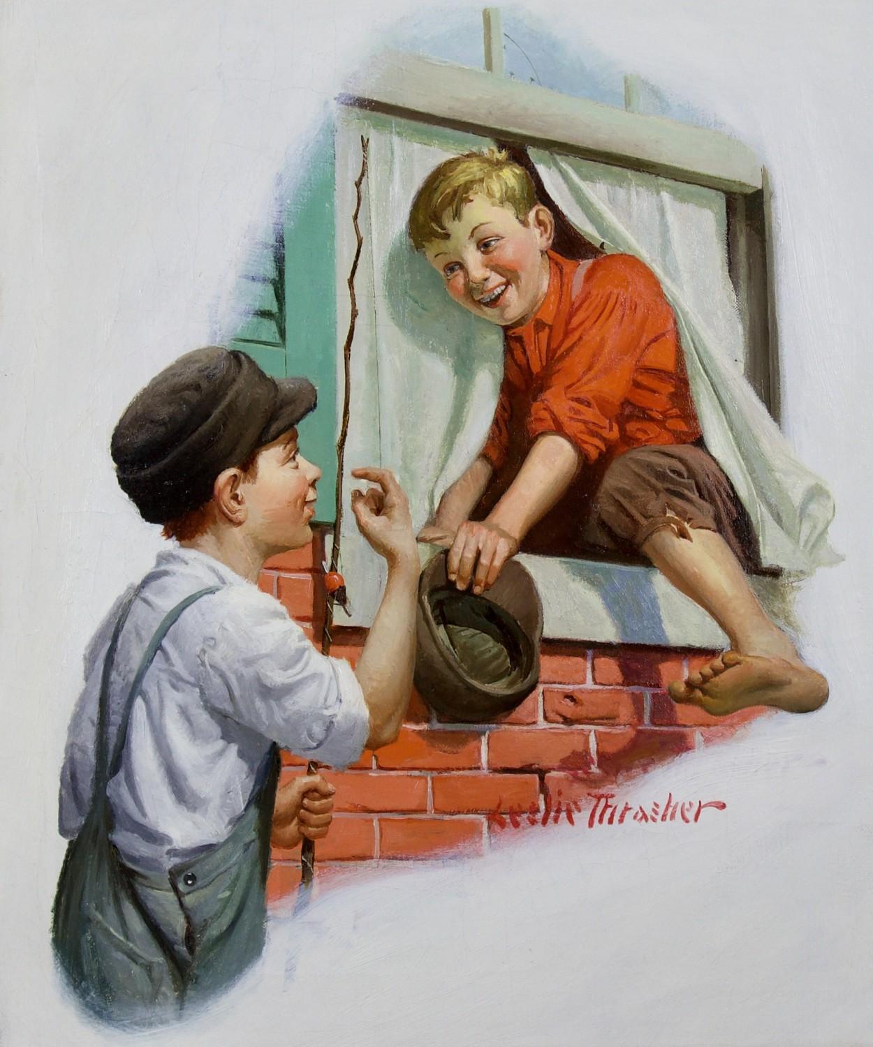 Figurative Painting di Leslie Thrasher - Ragazzo che si arrampica dalla finestra