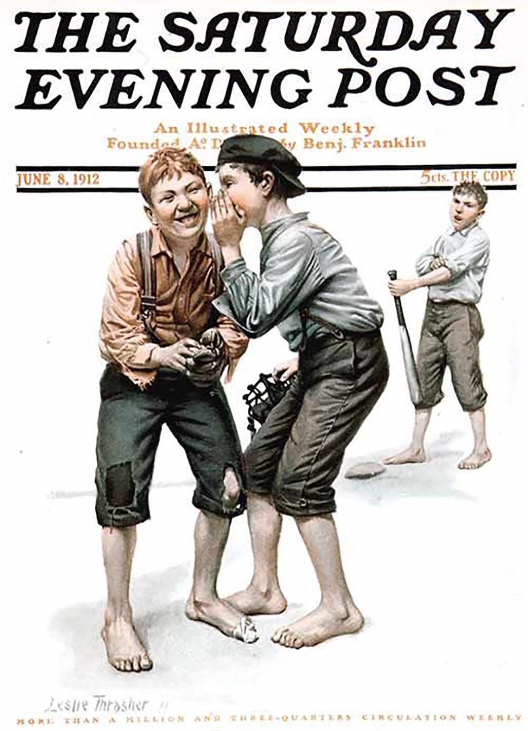 Conferencia en el Montículo, Portada del Saturday Evening Post - Figurative Painting Beige de Leslie Thrasher