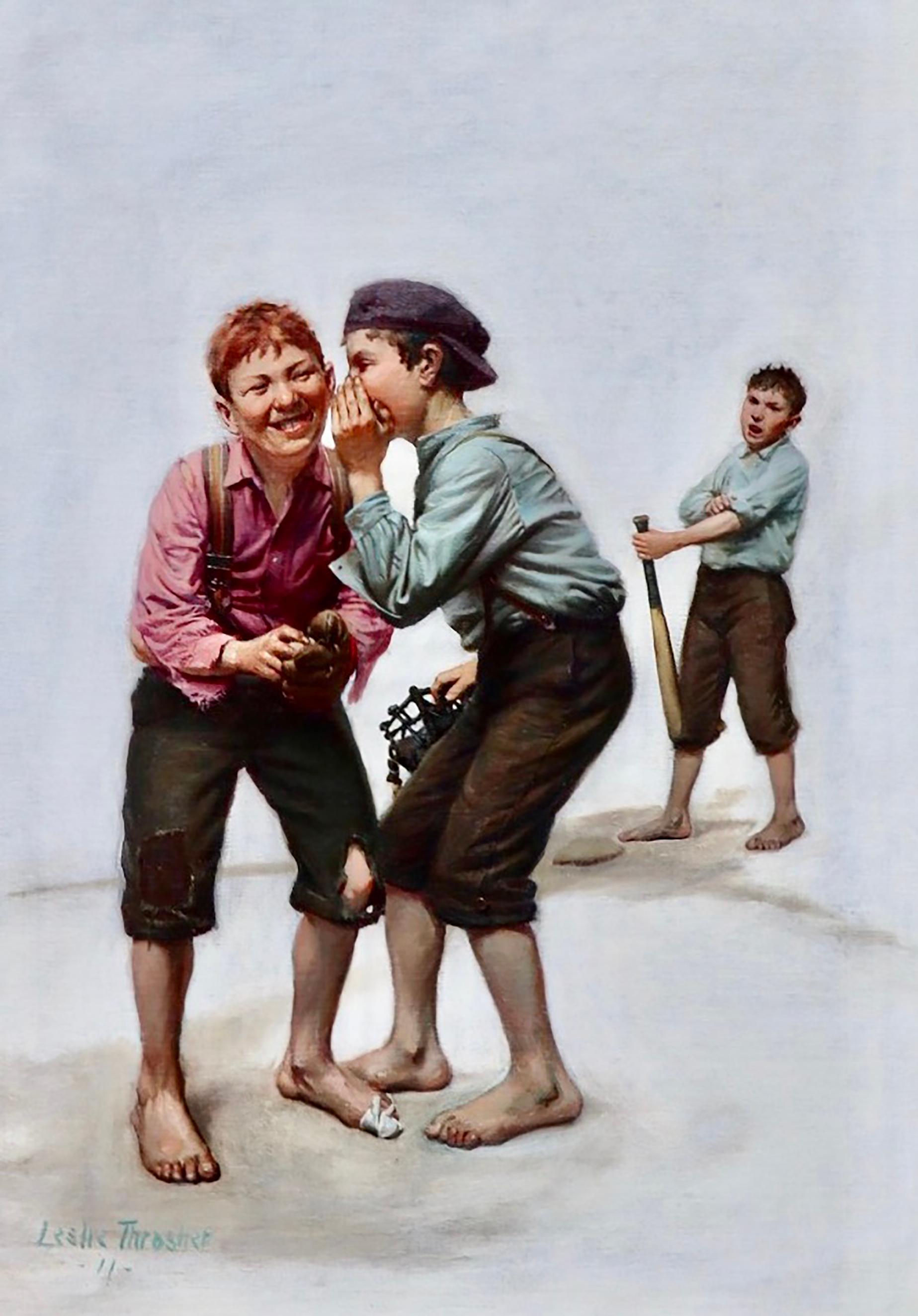 Figurative Painting de Leslie Thrasher - Conferencia en el Montículo, Portada del Saturday Evening Post