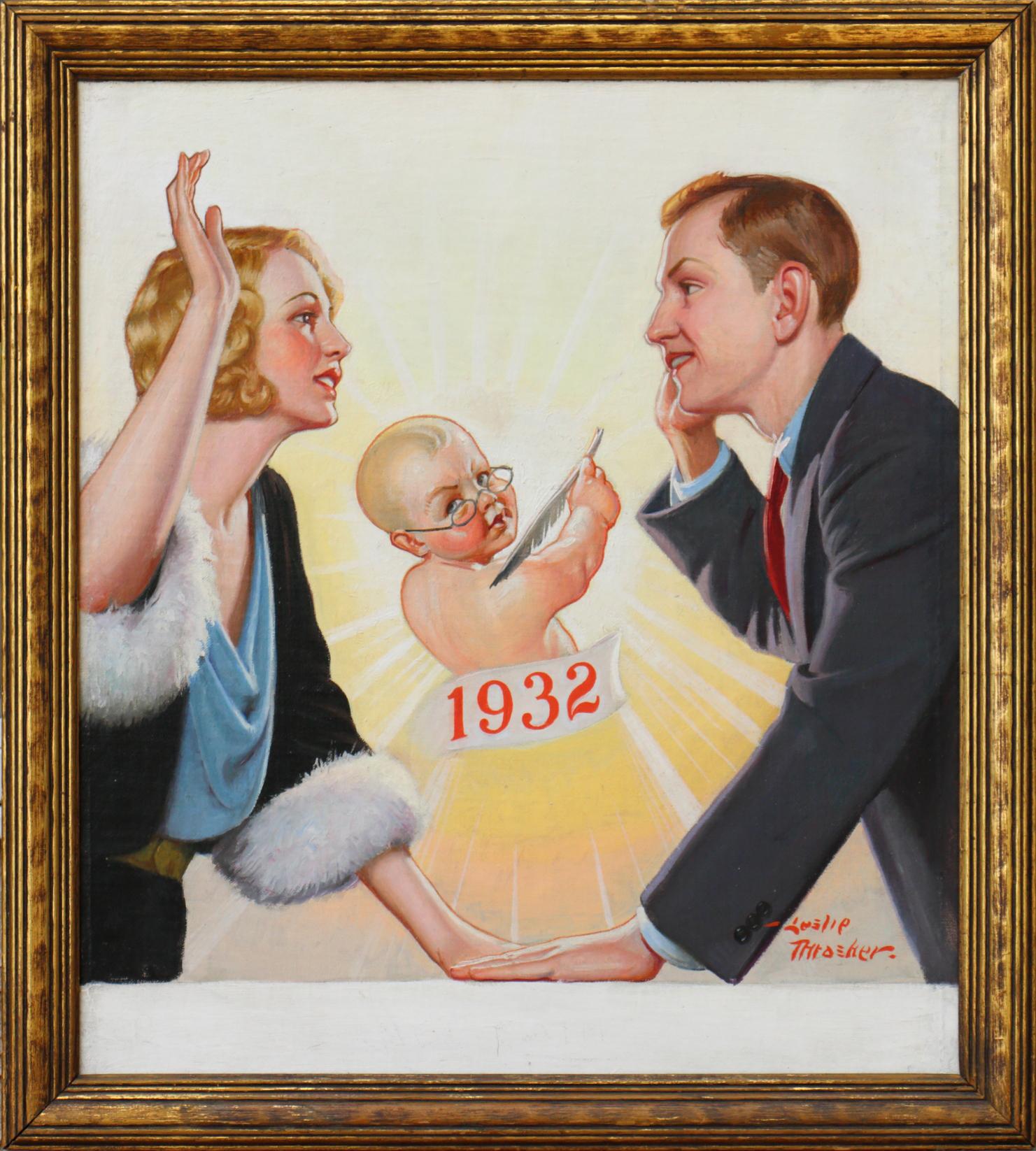 New Years Baby, Liberty Magazine Cover - Painting by Leslie Thrasher
