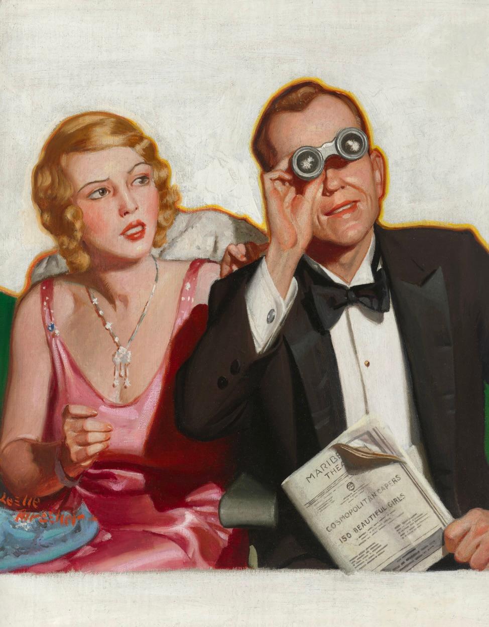 Leslie Thrasher Figurative Painting - Second from the Right, Liberty Magazine Cover Painting, Couple in Theater
