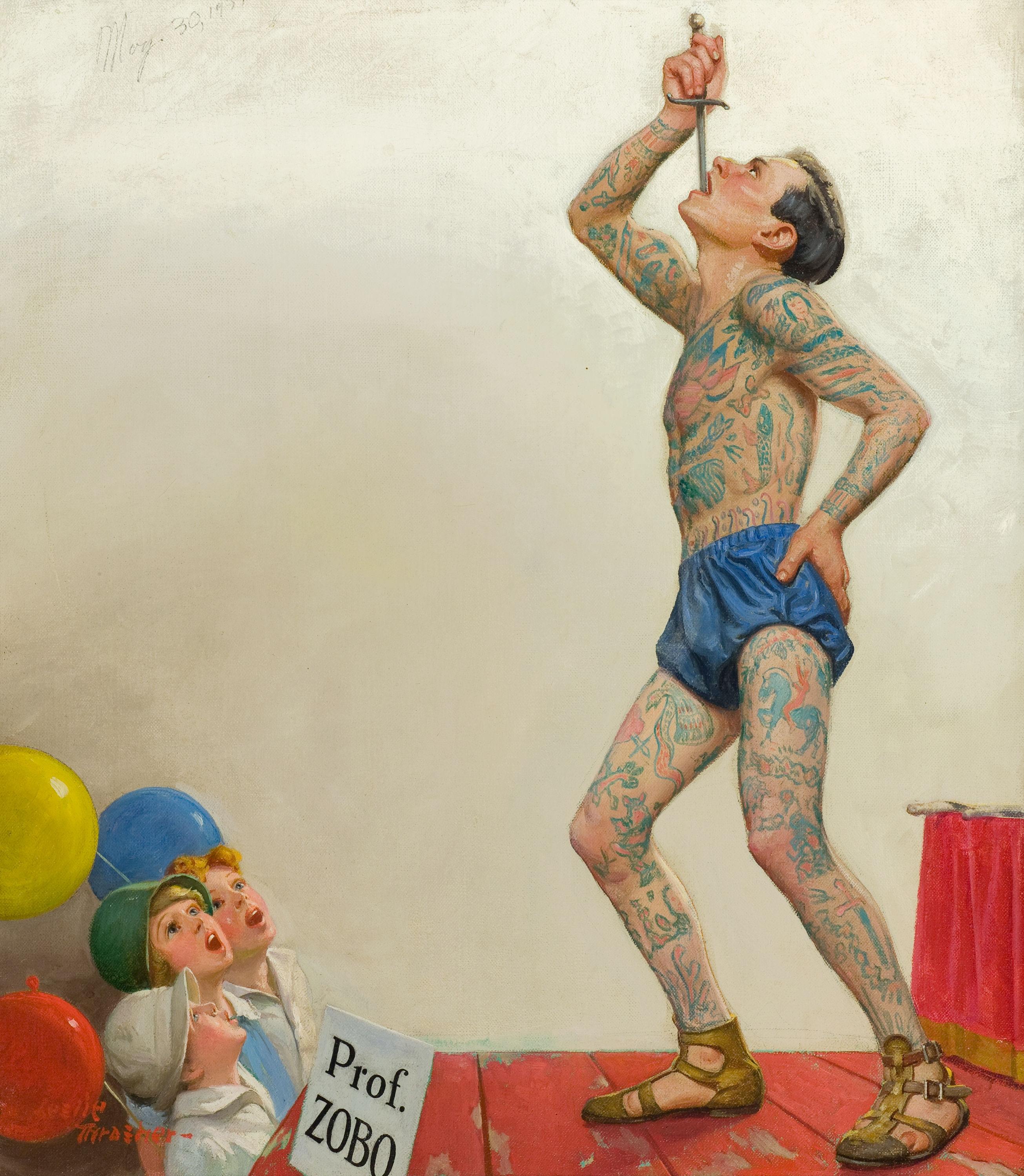 Leslie Thrasher Figurative Painting - The Tattooed Man, Liberty Magazine Cover