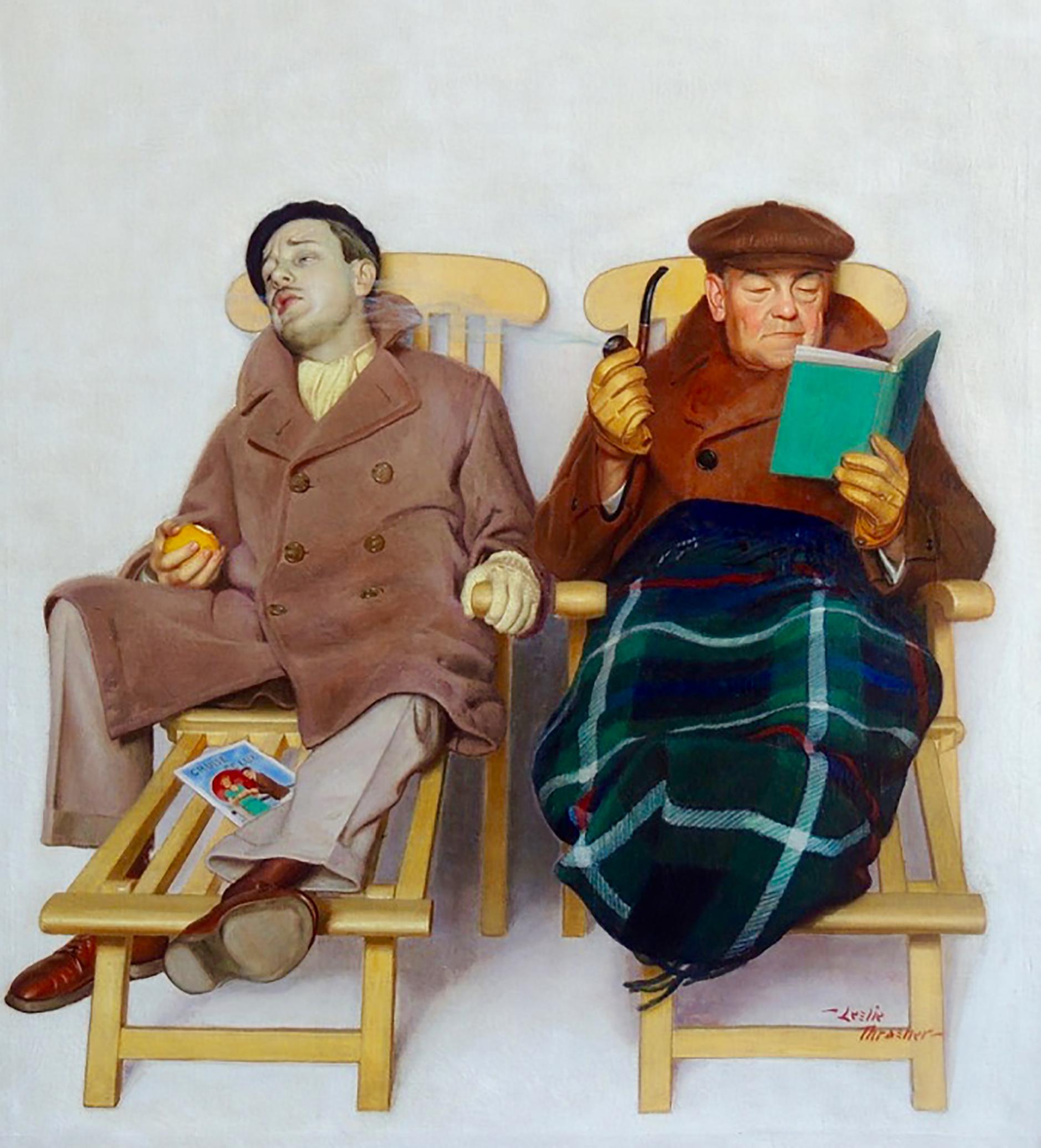 Zwei Männer in Deck-Stühlen, Saturday Evening Post-Deckel – Painting von Leslie Thrasher