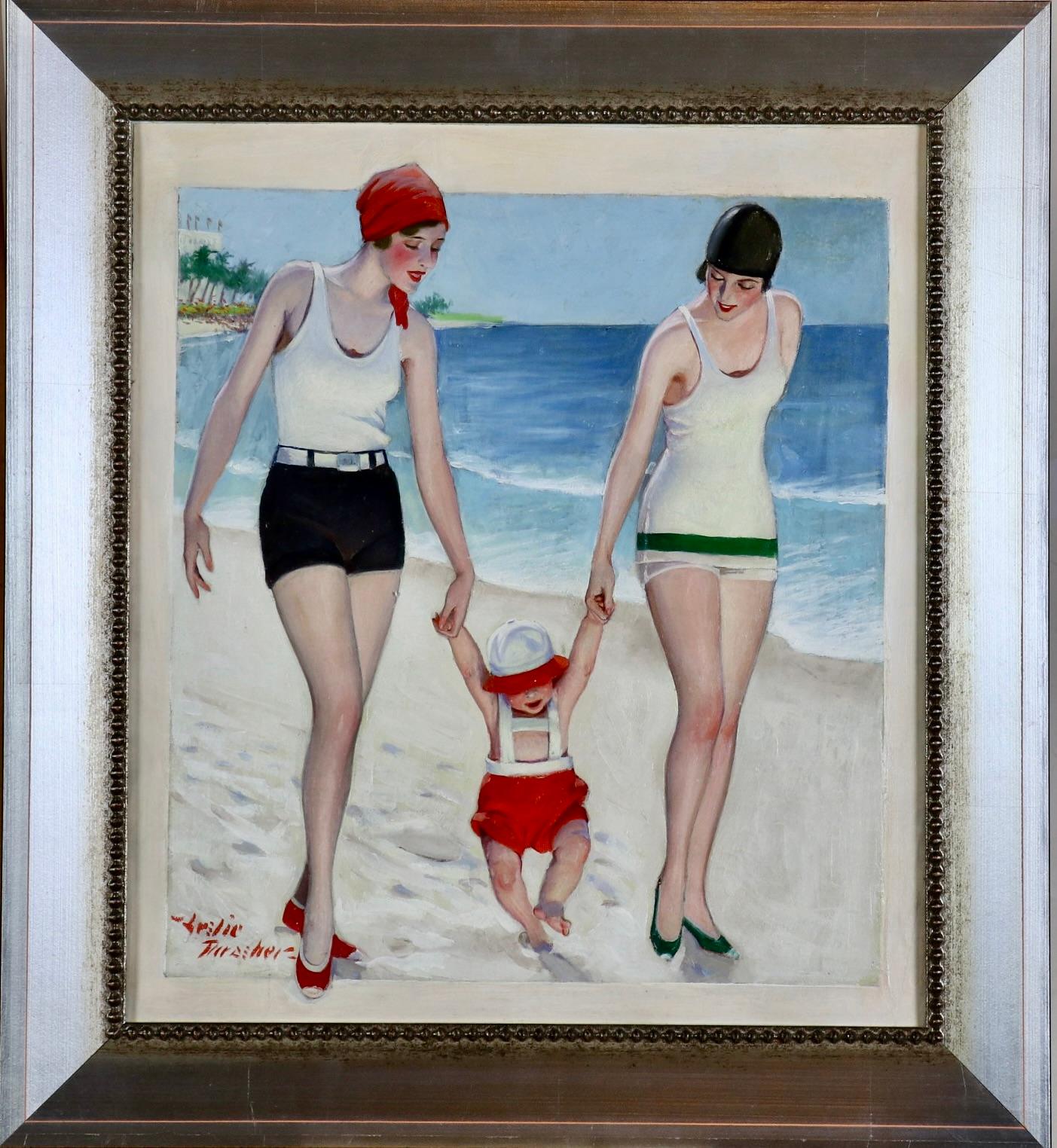 Women and Child at the Beach - Painting by Leslie Thrasher