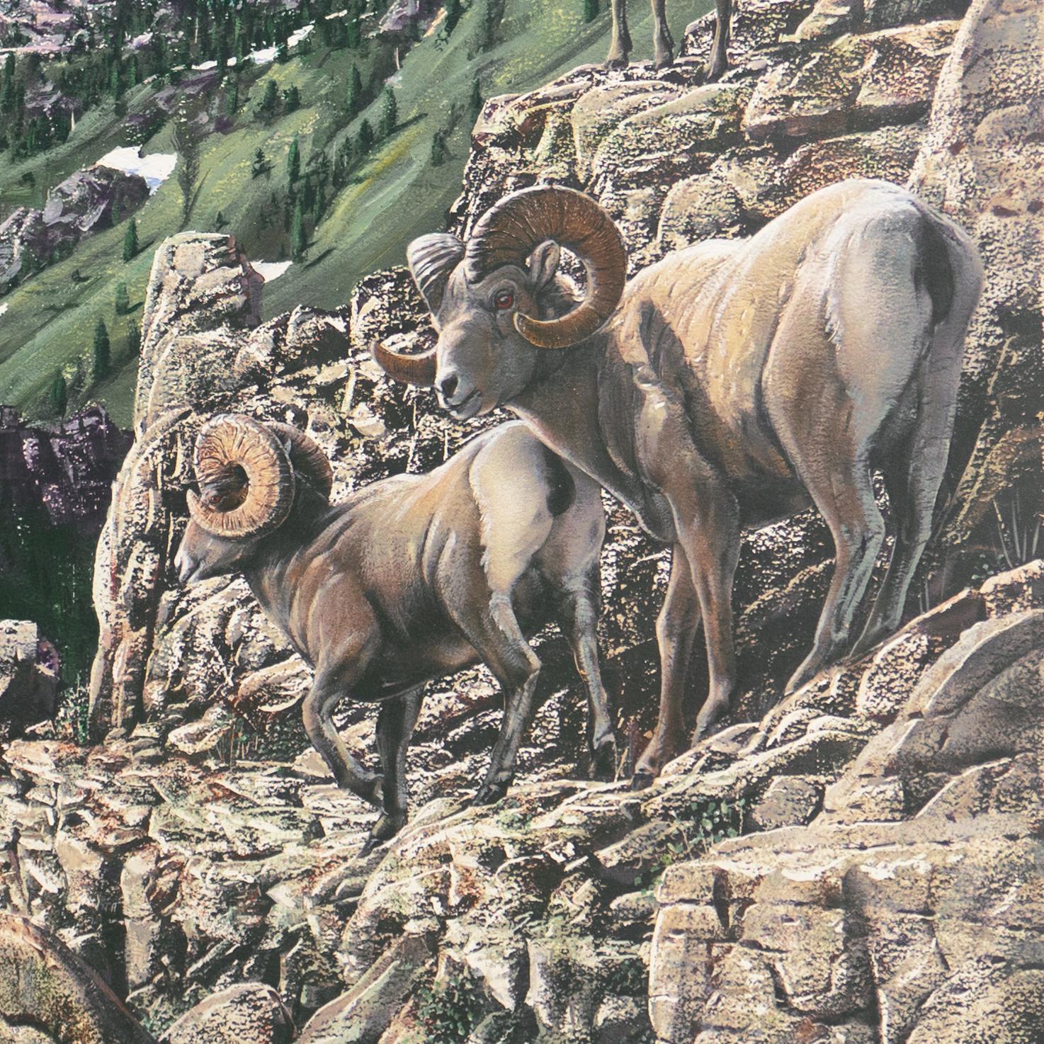 'Bighorn Rams, Rocky Mountains', Idyllwild, California Artist, Nature painter - Gray Landscape Painting by Leslie Van Nimwegen