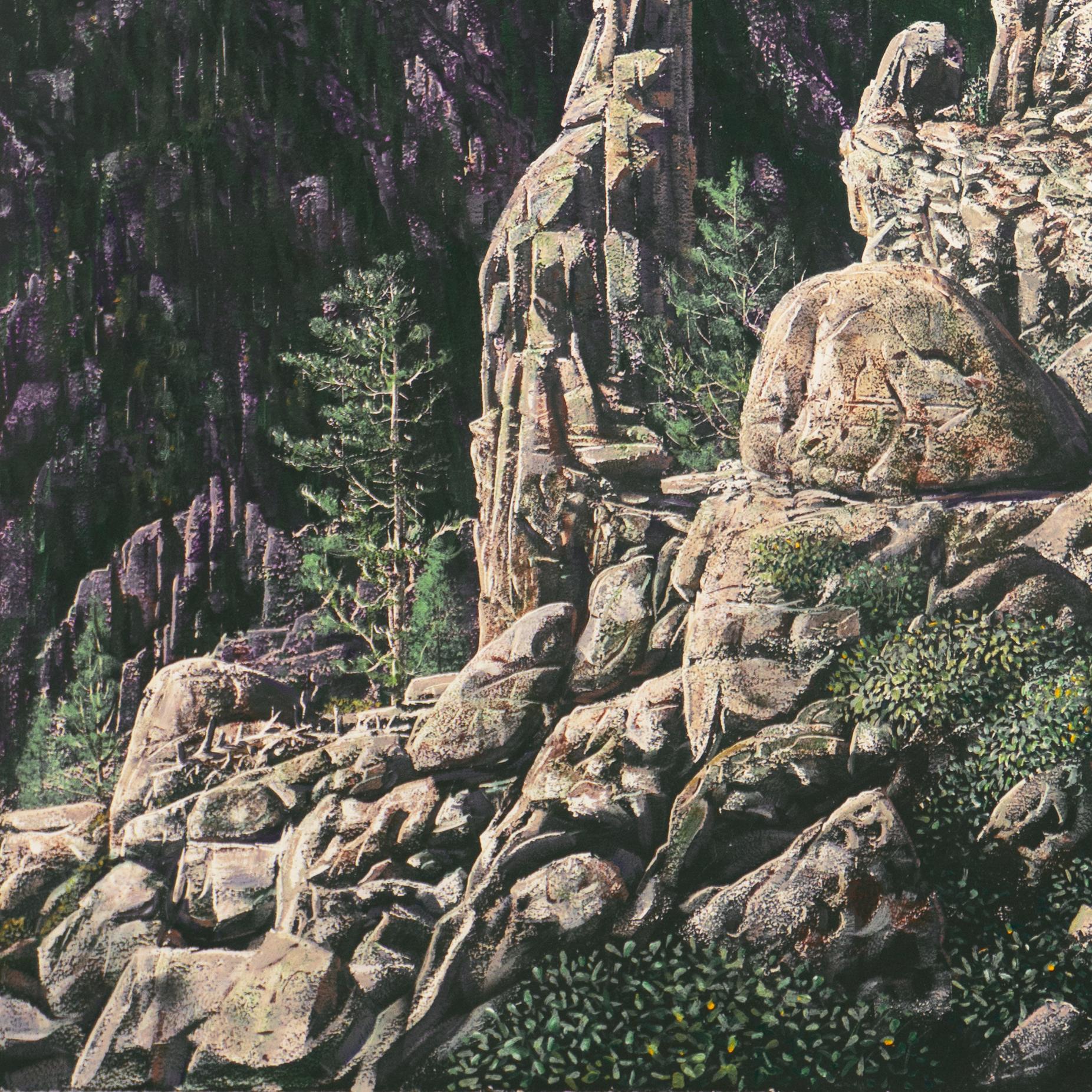 Signed lower right, 'Leslie H. Van Nimwegen' (Dutch-American, born 1951) and painted circa 1990.

A large oil landscape showing a group of male bighorn rams perched on rocky crags with a view beyond towards snow-capped peaks beneath clouded, blue